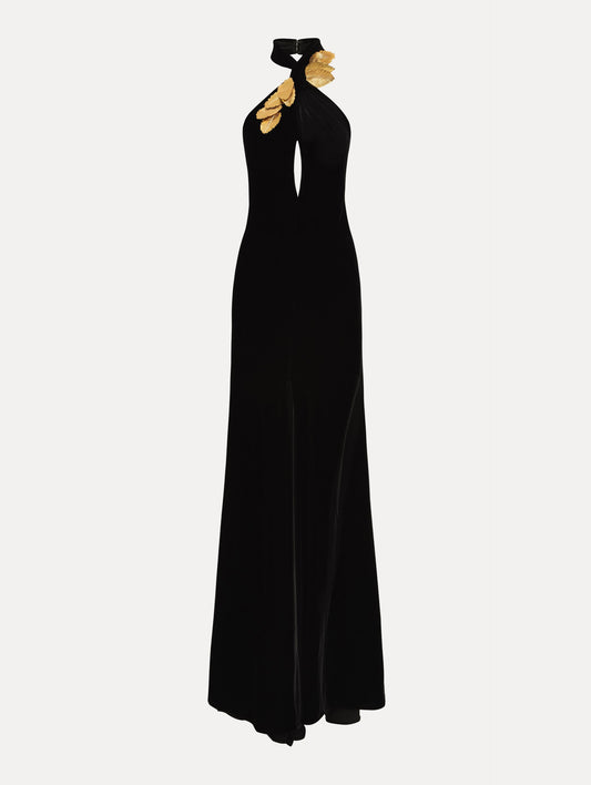 Gold Leaf Embroidered Velvet Gown Black / Oscar de la Renta