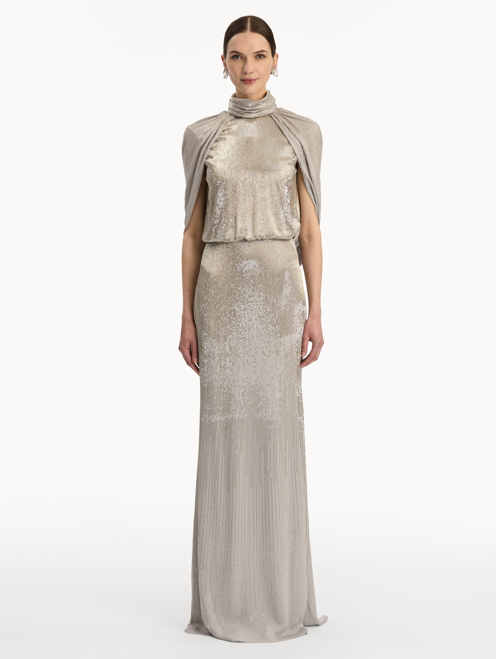 Bugle Bead Lamé Draped Gown Smoke / Oscar de la Renta