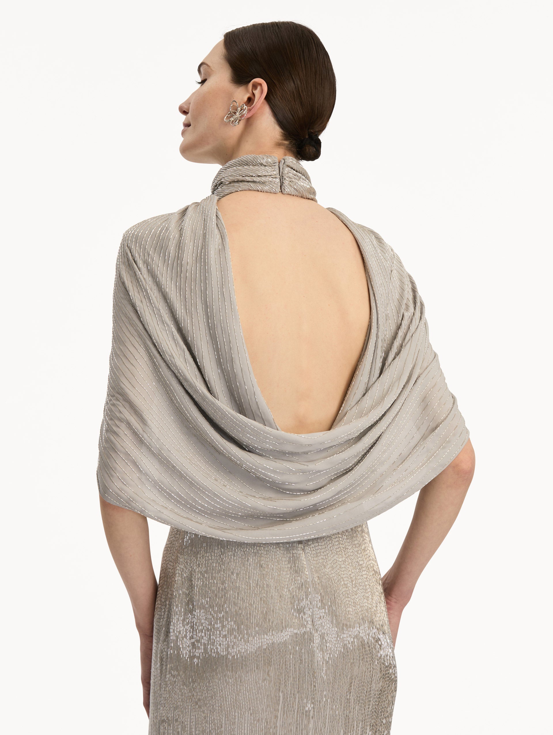 Bugle Bead Lamé Draped Gown Smoke / Oscar de la Renta