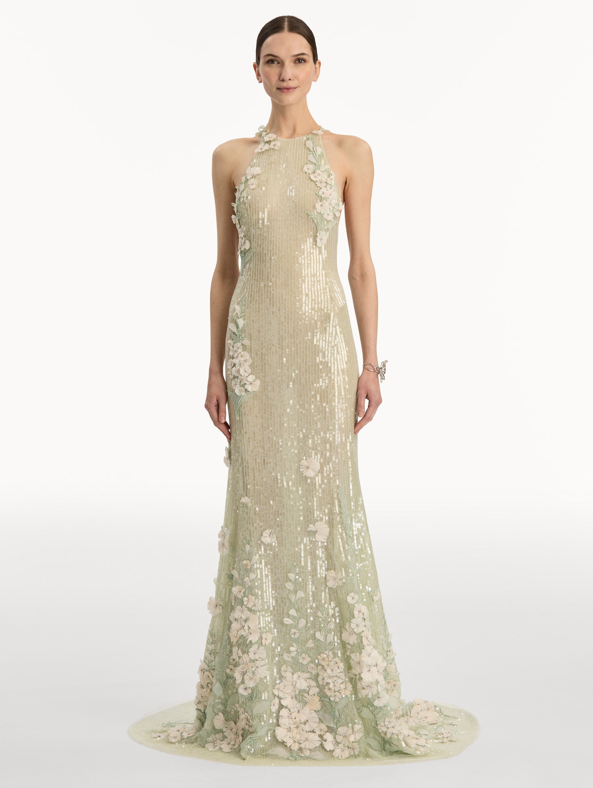 Foxglove Embroidered Sequin Tulle Gown Green / Oscar de la Renta