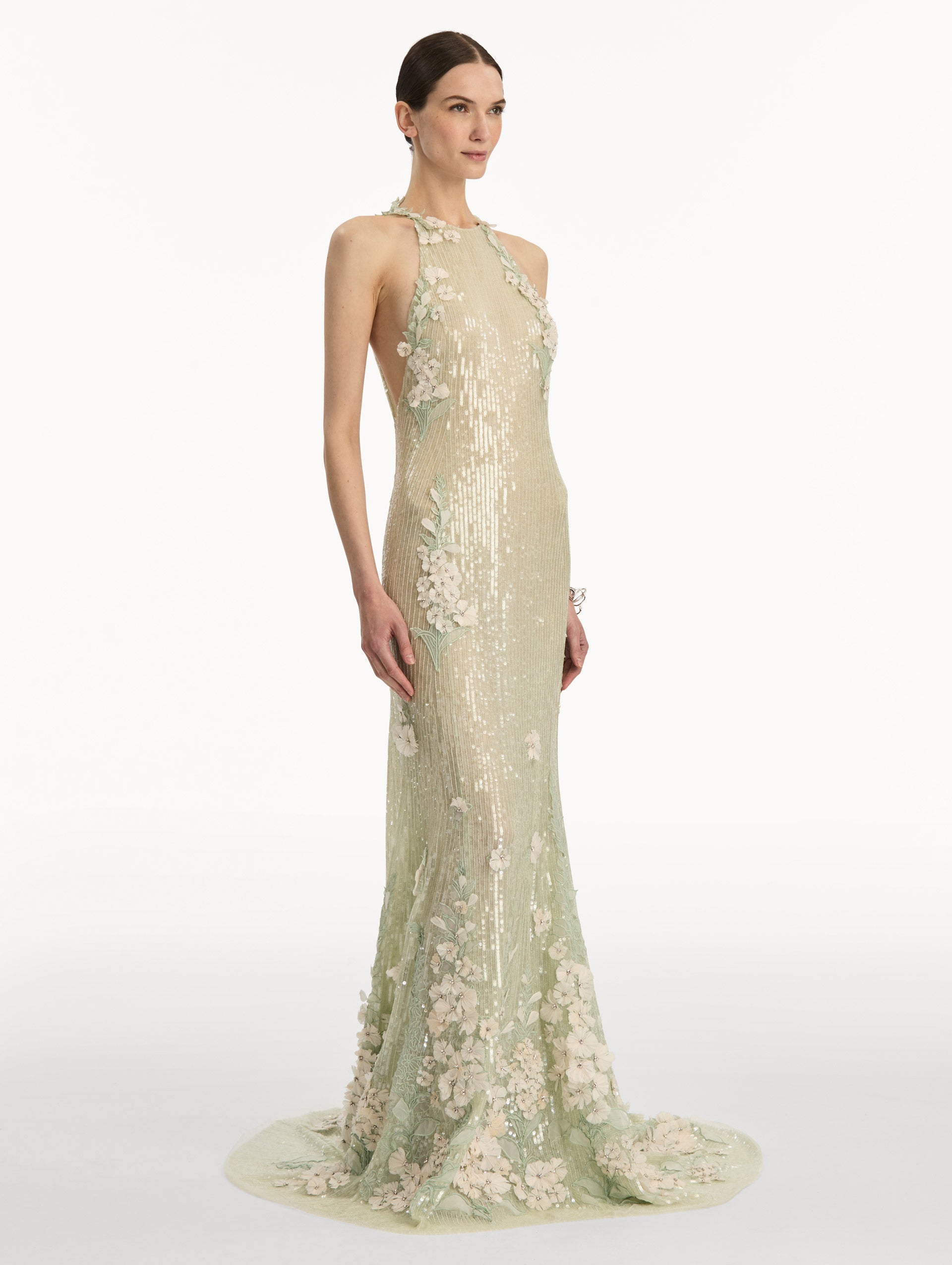 Foxglove Embroidered Sequin Tulle Gown Green / Oscar de la Renta