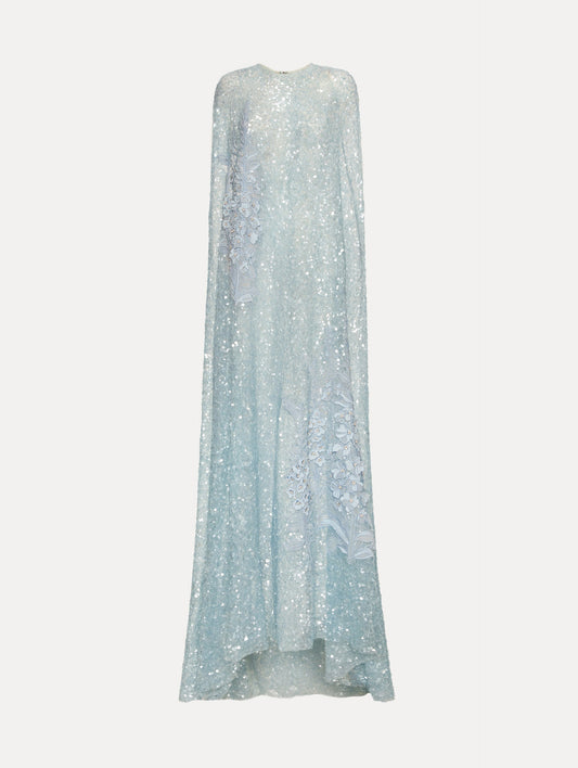 Foxglove Embroidered Sequin Tulle Caftan Sky / Oscar de la Renta