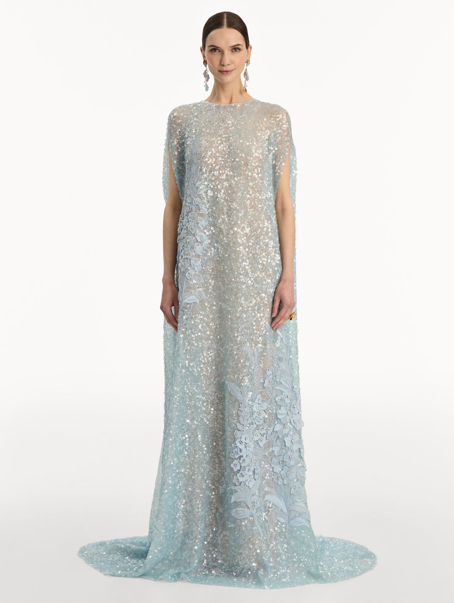 Foxglove Embroidered Sequin Tulle Caftan Sky / Oscar de la Renta