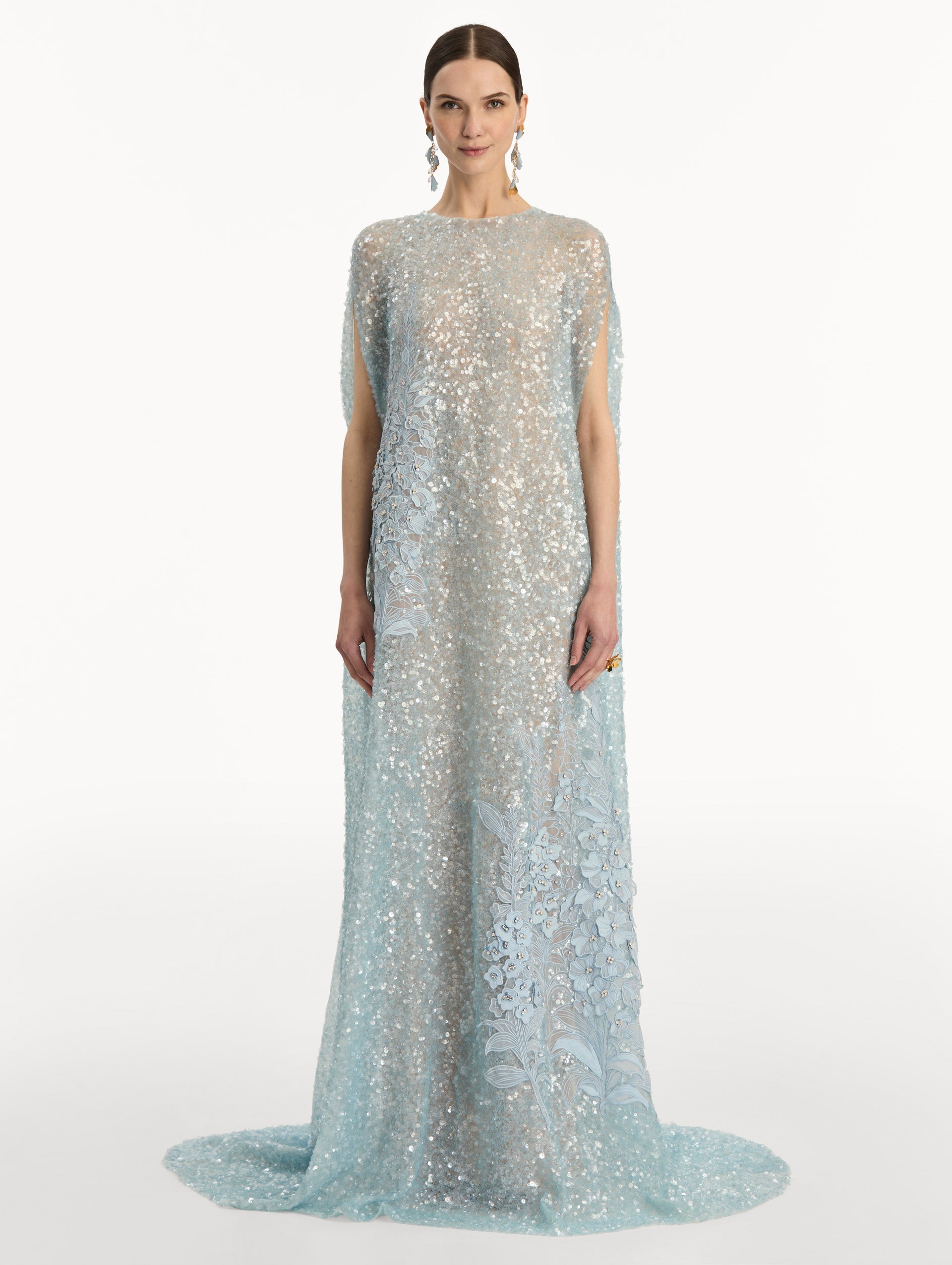 Foxglove Embroidered Sequin Tulle Caftan Sky / Oscar de la Renta