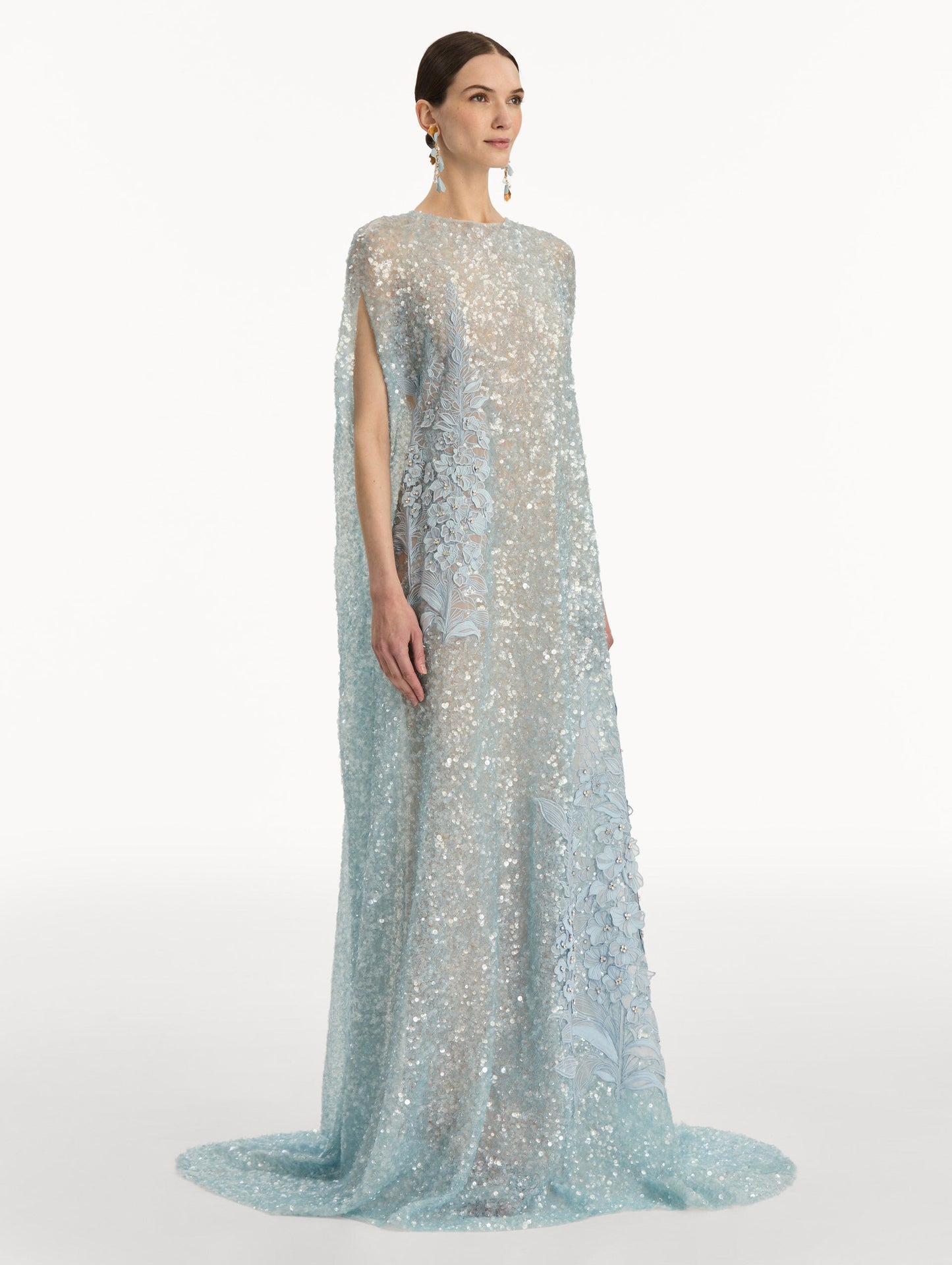 Foxglove Embroidered Sequin Tulle Caftan Sky / Oscar de la Renta