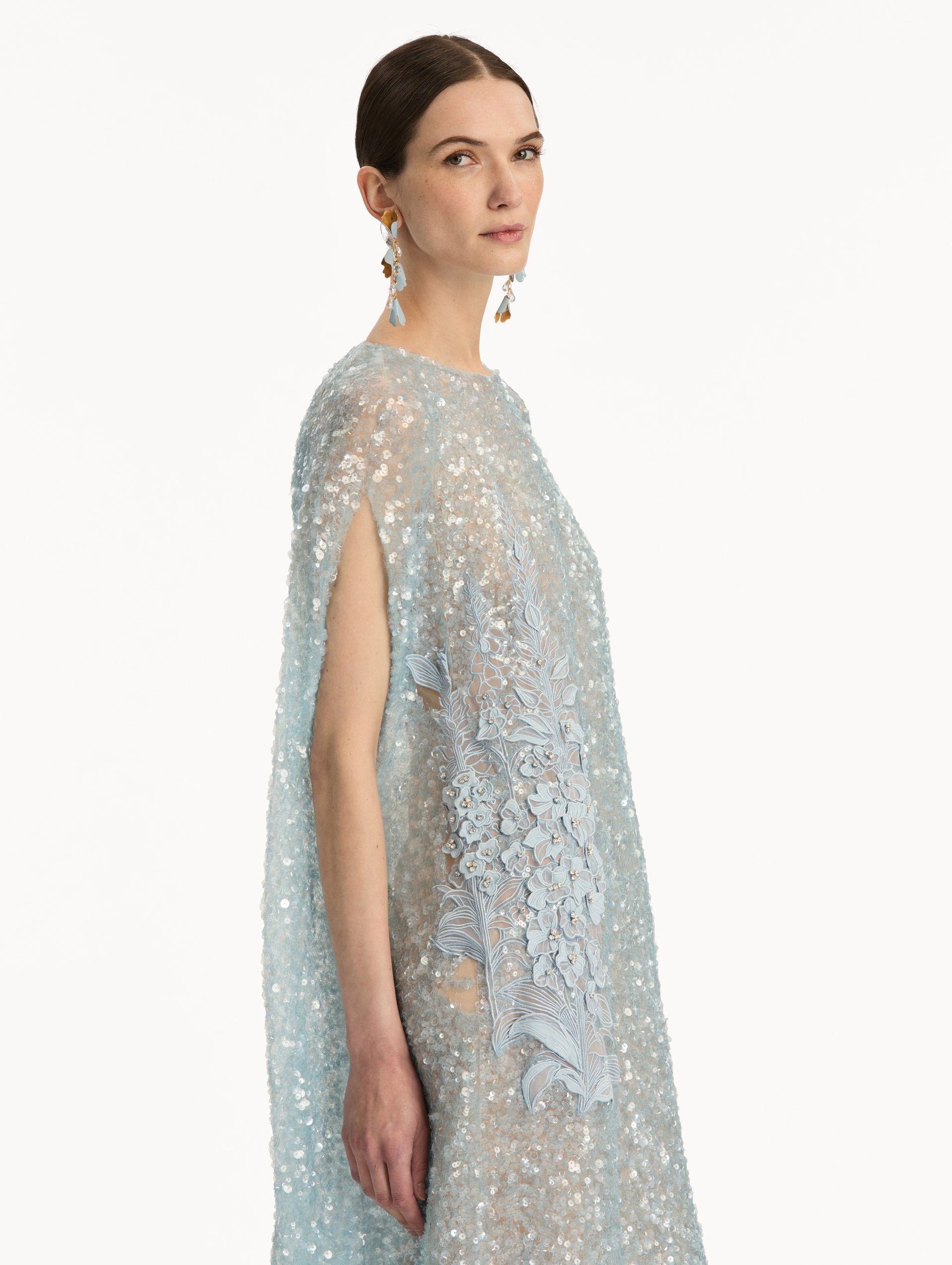 Foxglove Embroidered Sequin Tulle Caftan Sky / Oscar de la Renta