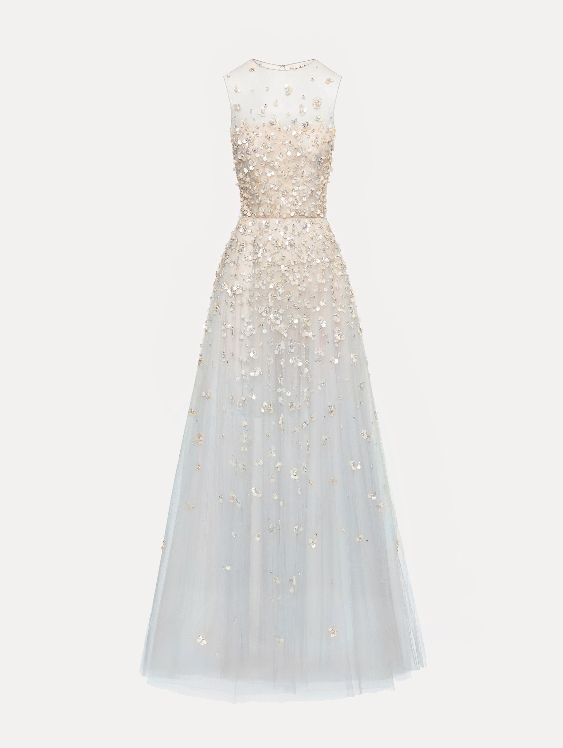 Mother of Pearl Embroidered Illusion Gown Sky / Oscar de la Renta