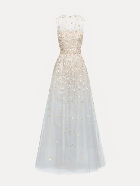 Mother of Pearl Embroidered Illusion Gown Sky / Oscar de la Renta