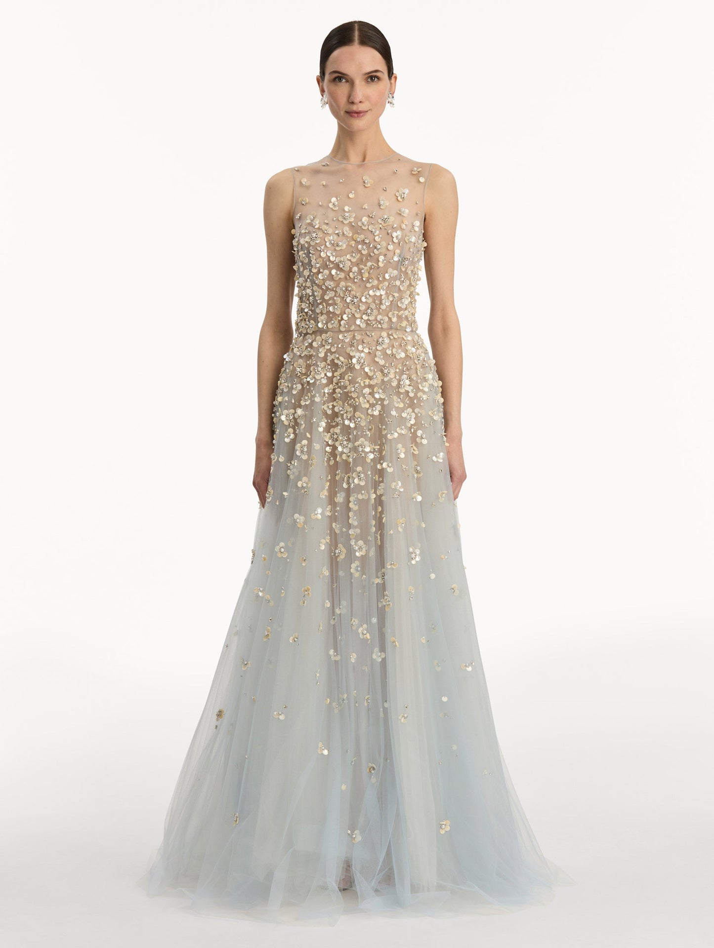 Mother of Pearl Embroidered Illusion Gown Sky / Oscar de la Renta
