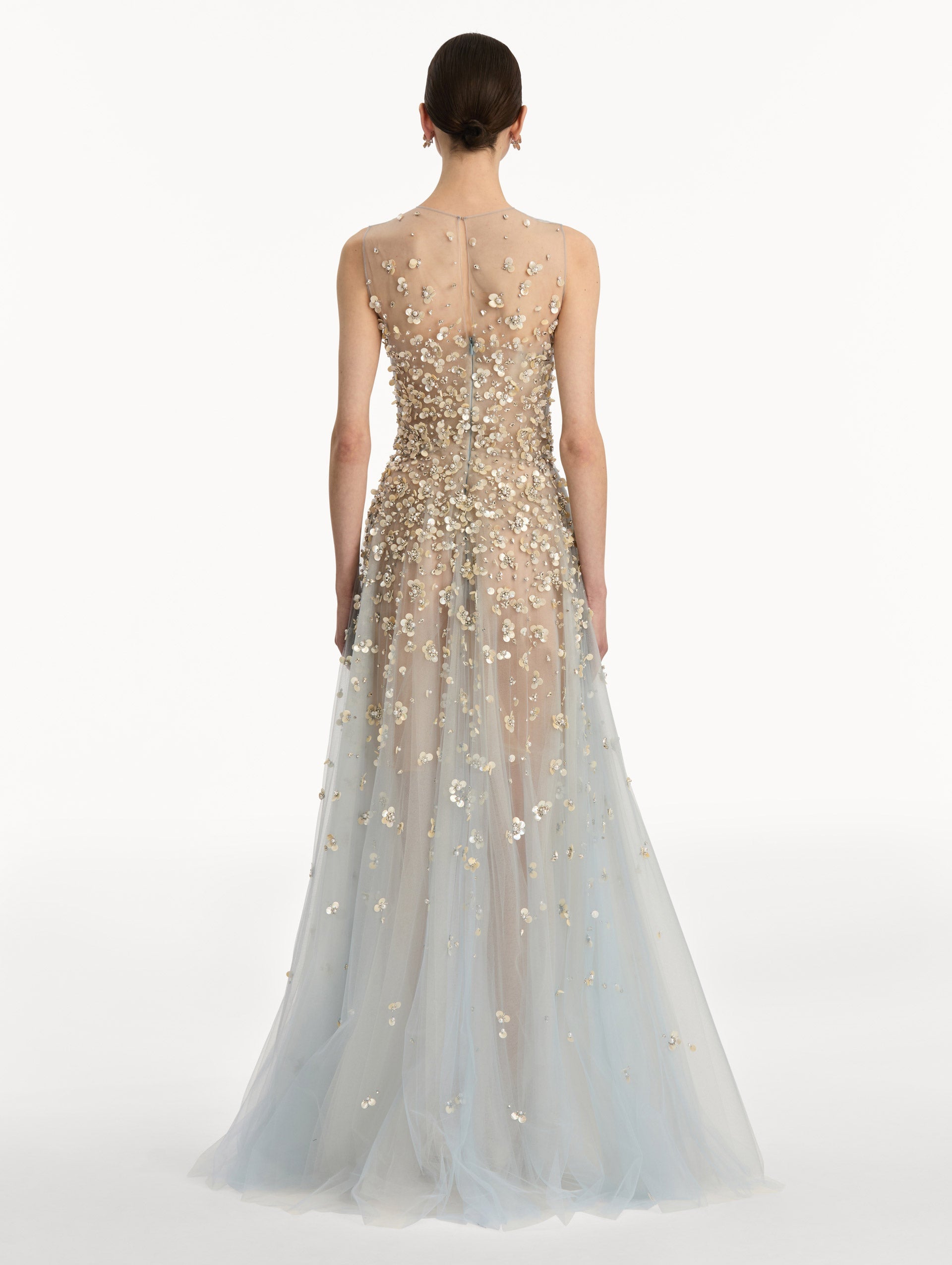 Mother of Pearl Embroidered Illusion Gown Sky / Oscar de la Renta
