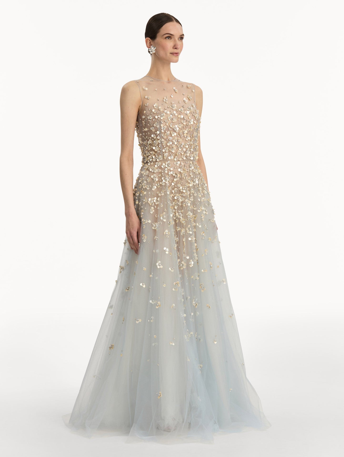 Mother of Pearl Embroidered Illusion Gown Sky / Oscar de la Renta