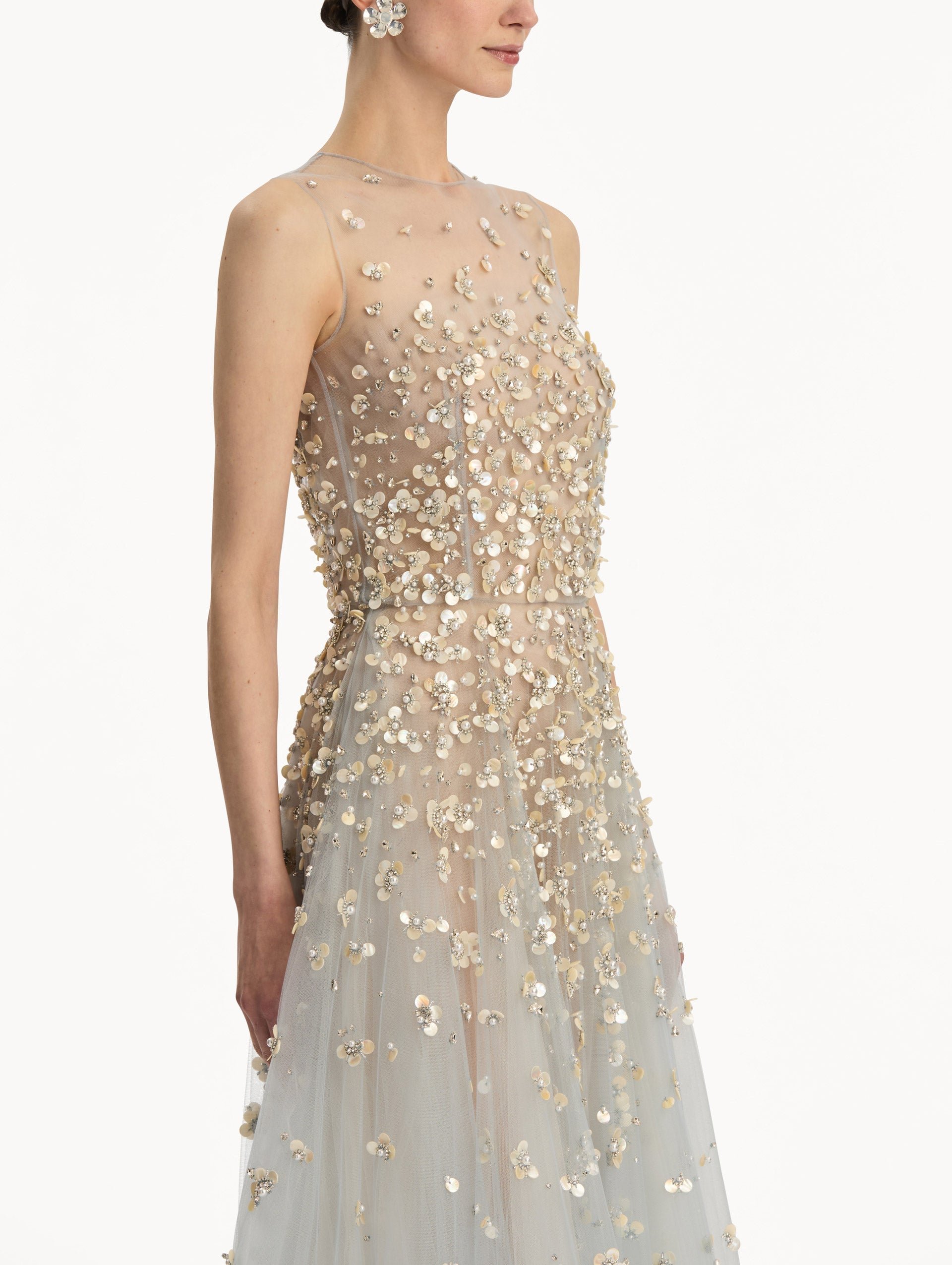 Mother of Pearl Embroidered Illusion Gown Sky / Oscar de la Renta