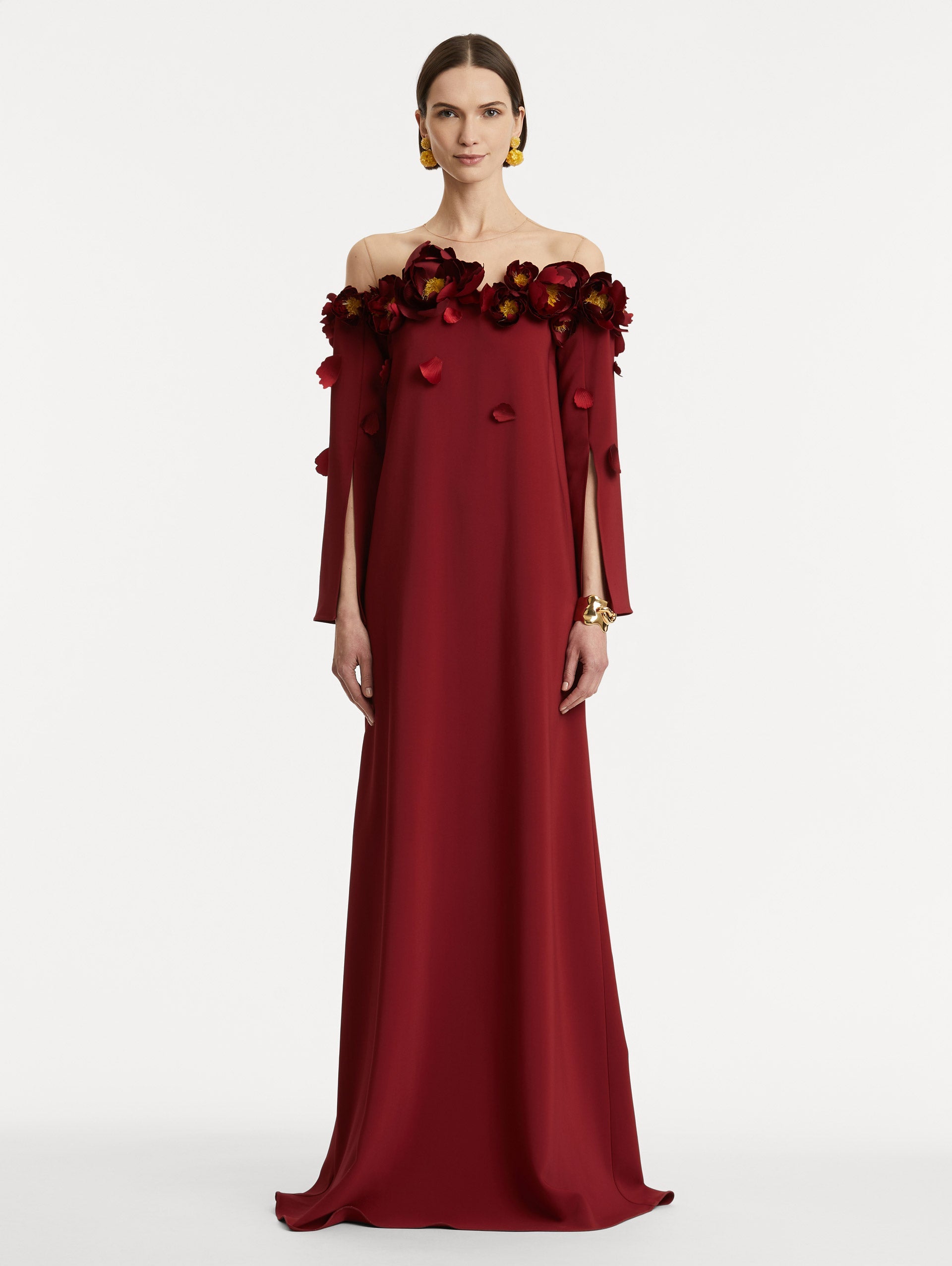 Peony Appliqué Illusion Neck Caftan Terracotta / Oscar de la Renta