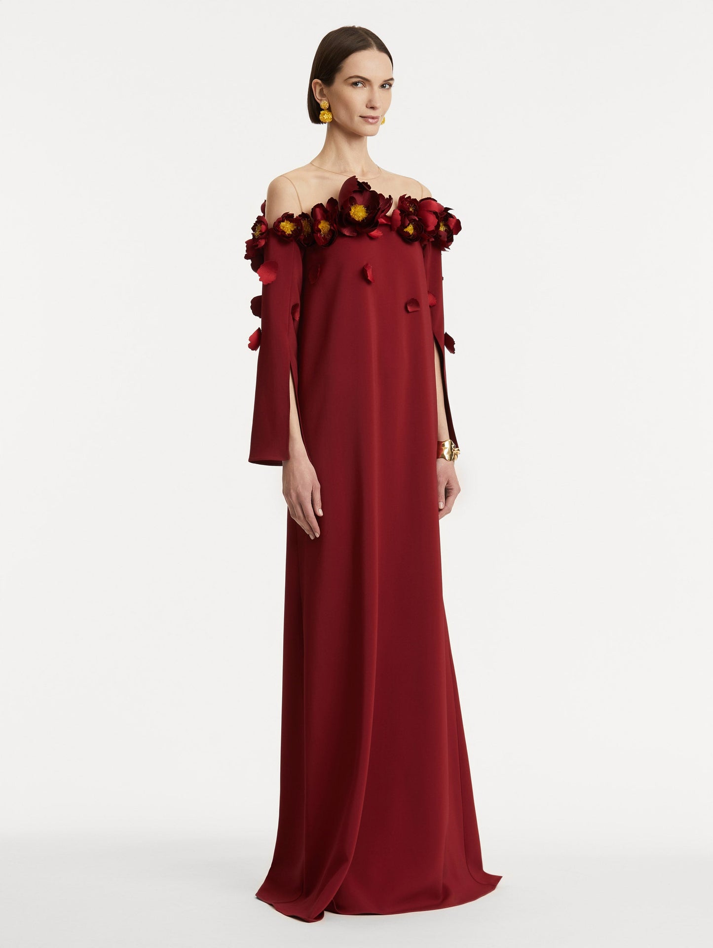 Peony Appliqué Illusion Neck Caftan Terracotta / Oscar de la Renta
