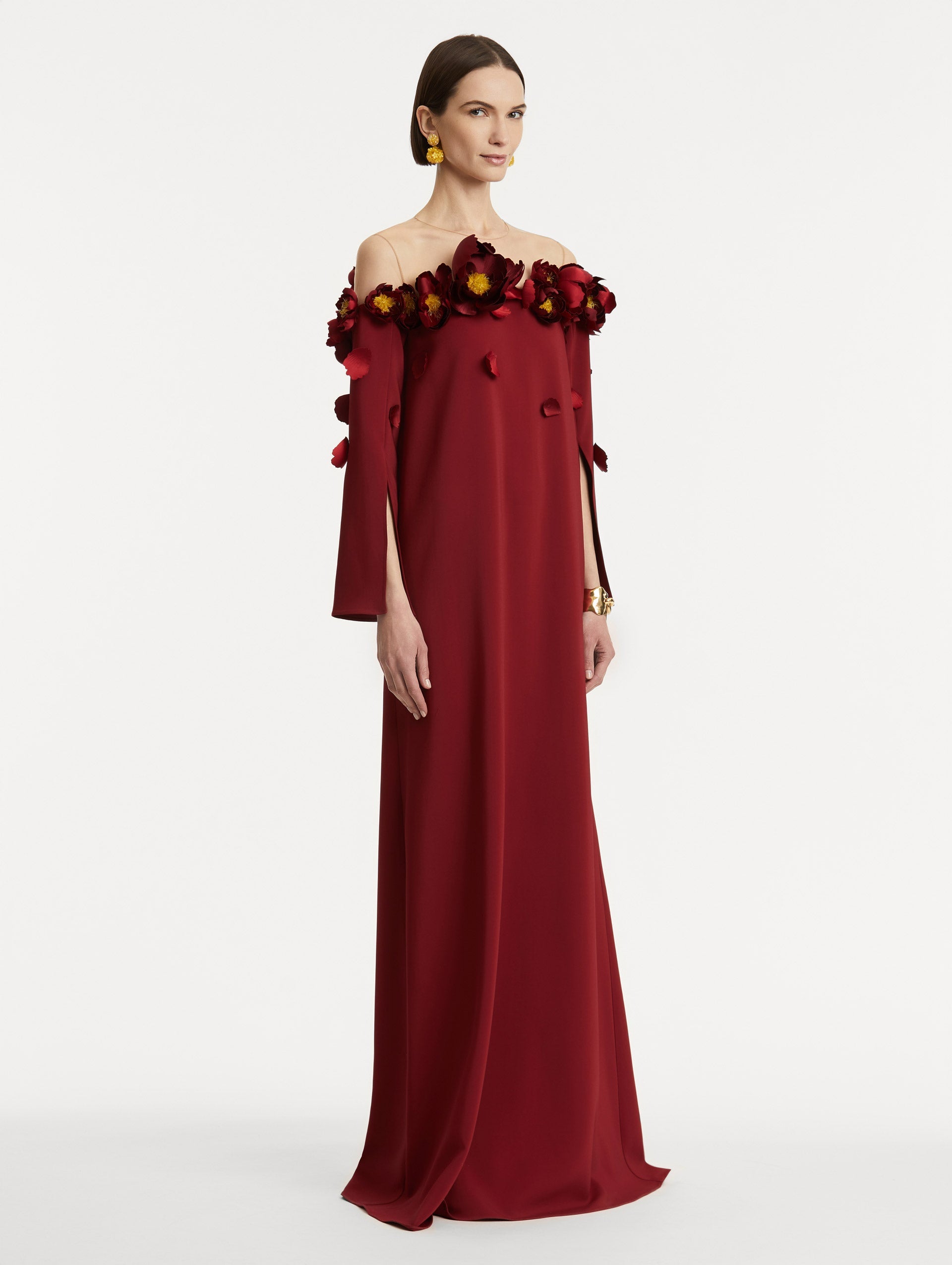 Peony Appliqué Illusion Neck Caftan Terracotta / Oscar de la Renta