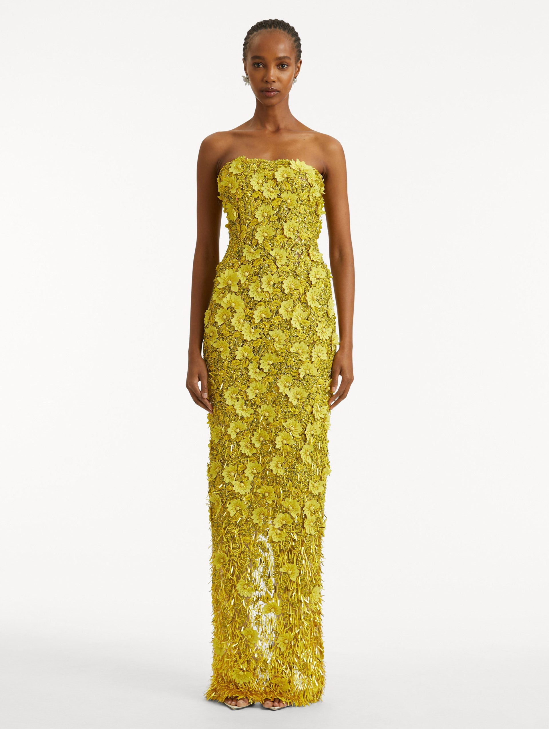 Peony Sequin and Raffia Embroidered Gown Citrine a / Oscar de la Renta