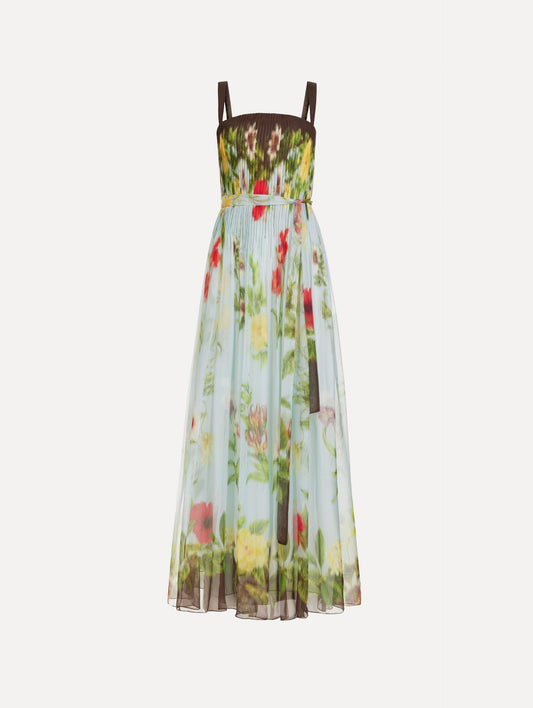Dominican Mixed-Floral Silk Chiffon Gown Light blue multi / Oscar de la Renta