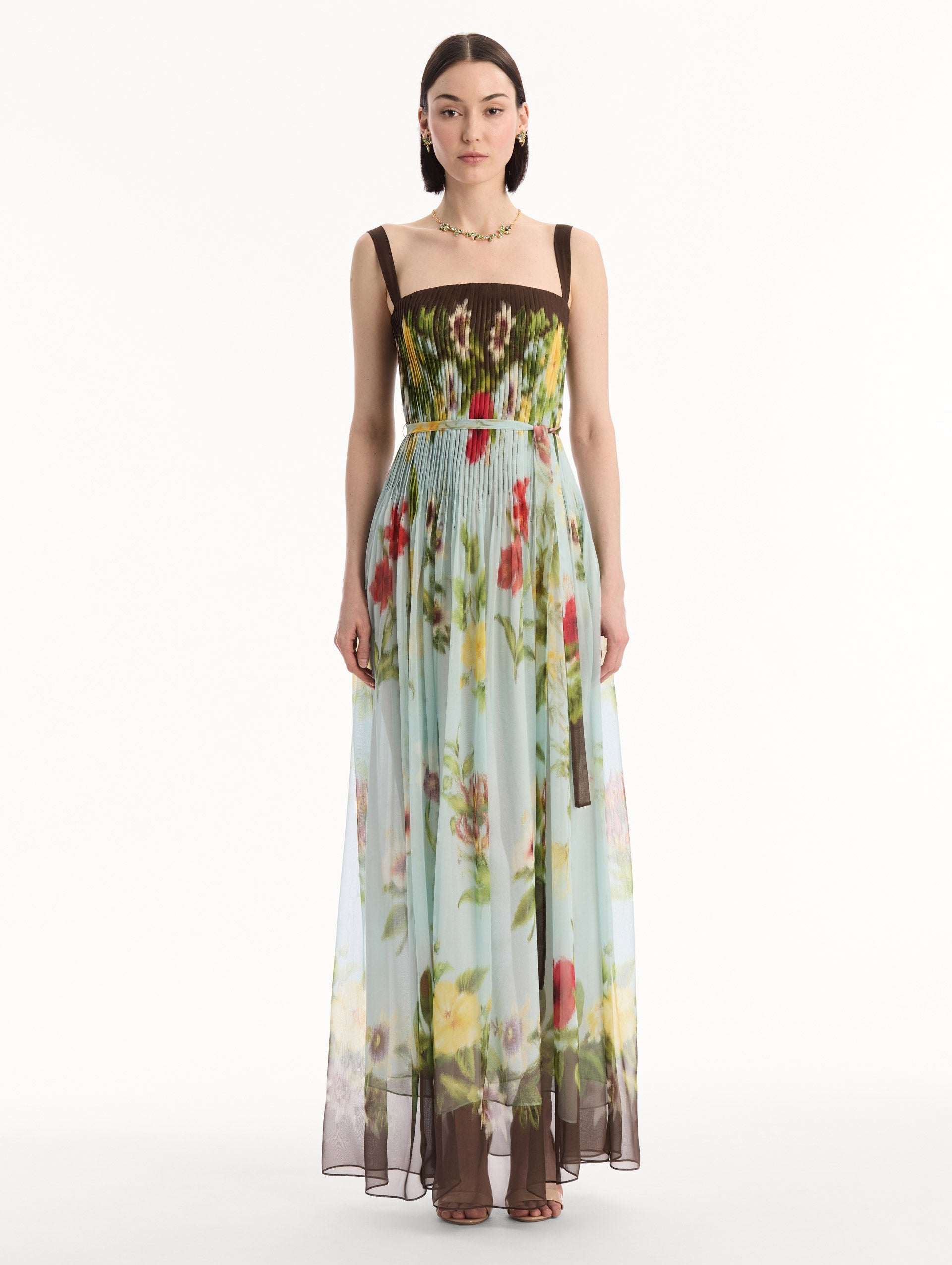 Dominican Mixed-Floral Silk Chiffon Gown Light blue multi / Oscar de la Renta