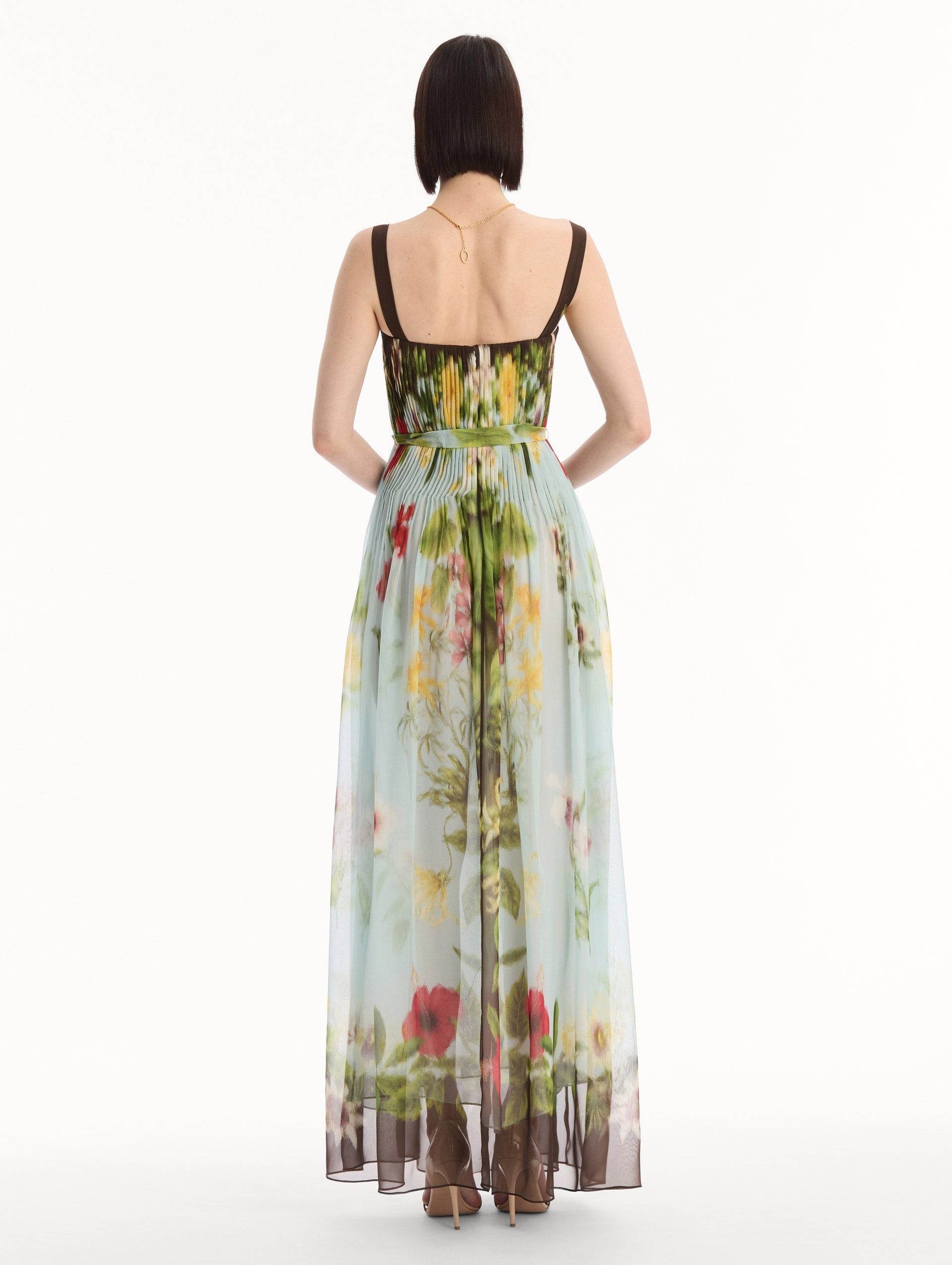 Dominican Mixed-Floral Silk Chiffon Gown Light blue multi / Oscar de la Renta