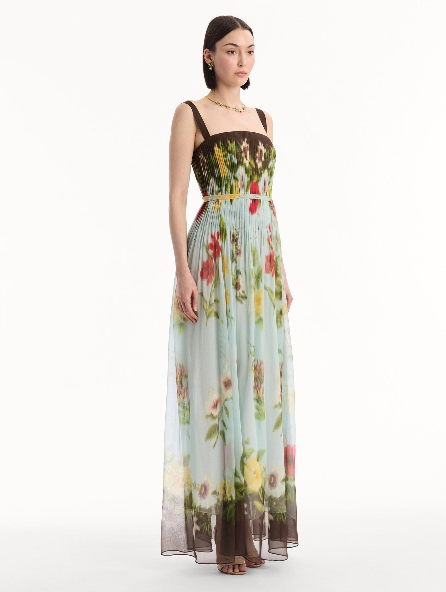 Dominican Mixed-Floral Silk Chiffon Gown Light blue multi / Oscar de la Renta