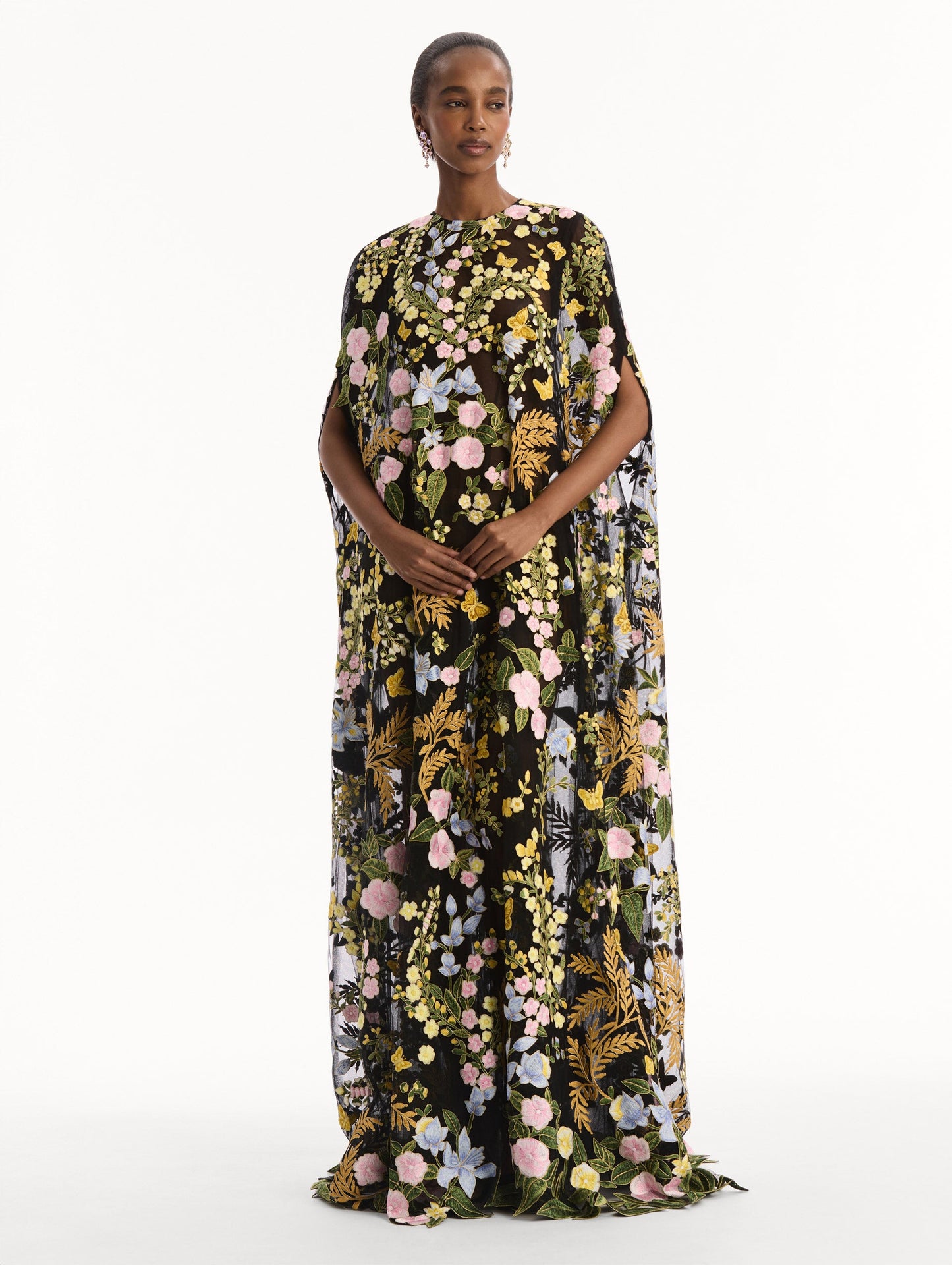Dominican Mixed-Floral Guipure Caftan Brown multi / Oscar de la Renta