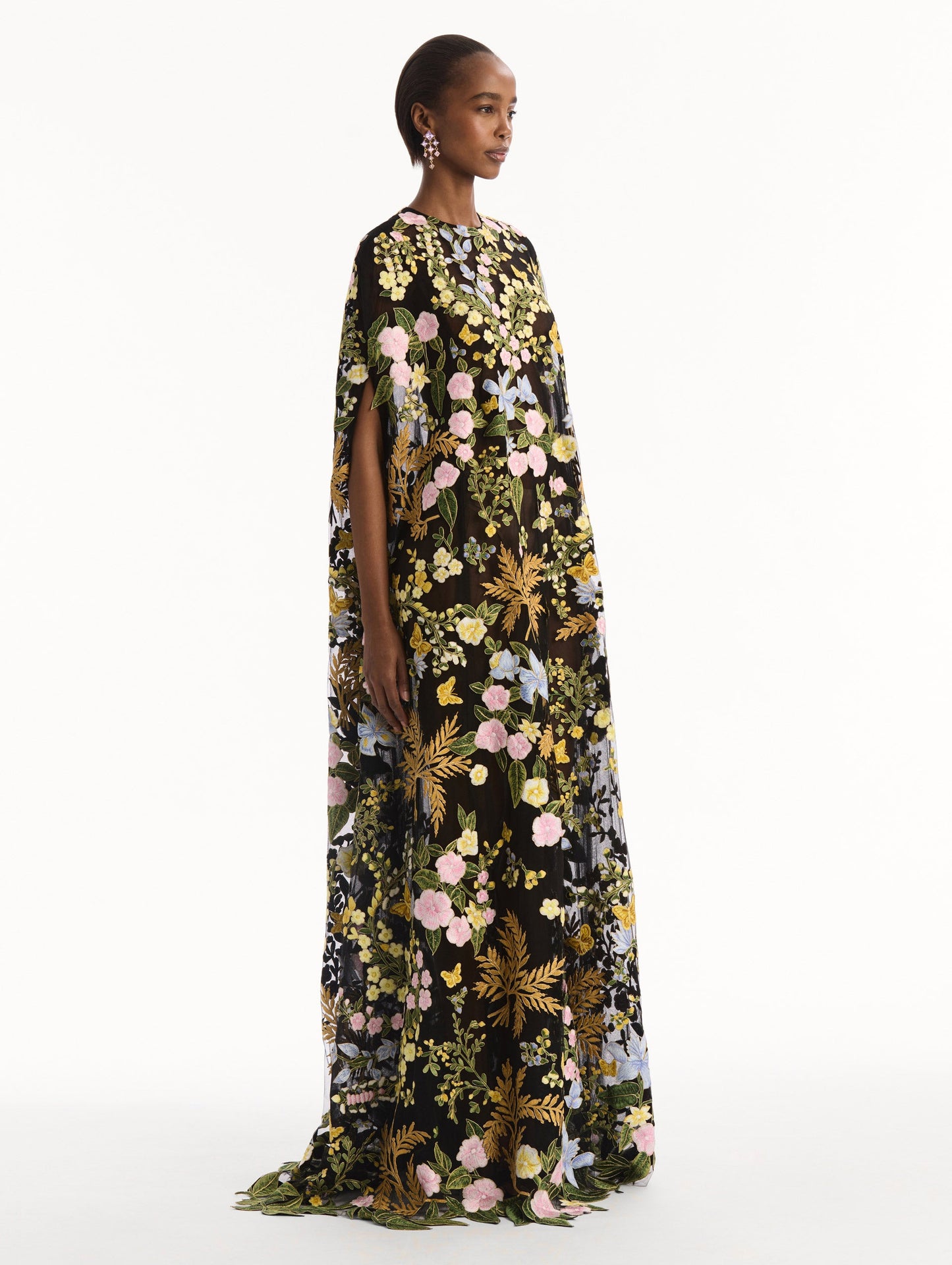 Dominican Mixed-Floral Guipure Caftan Brown multi / Oscar de la Renta