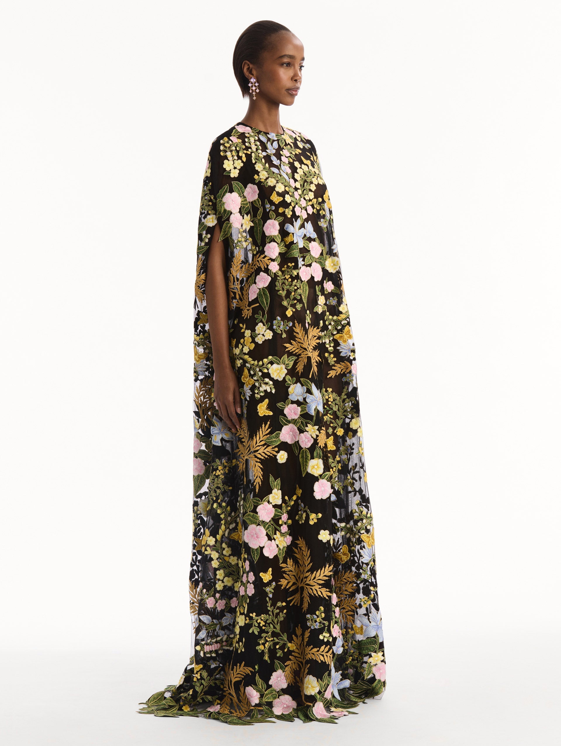 Dominican Mixed-Floral Guipure Caftan Brown multi / Oscar de la Renta