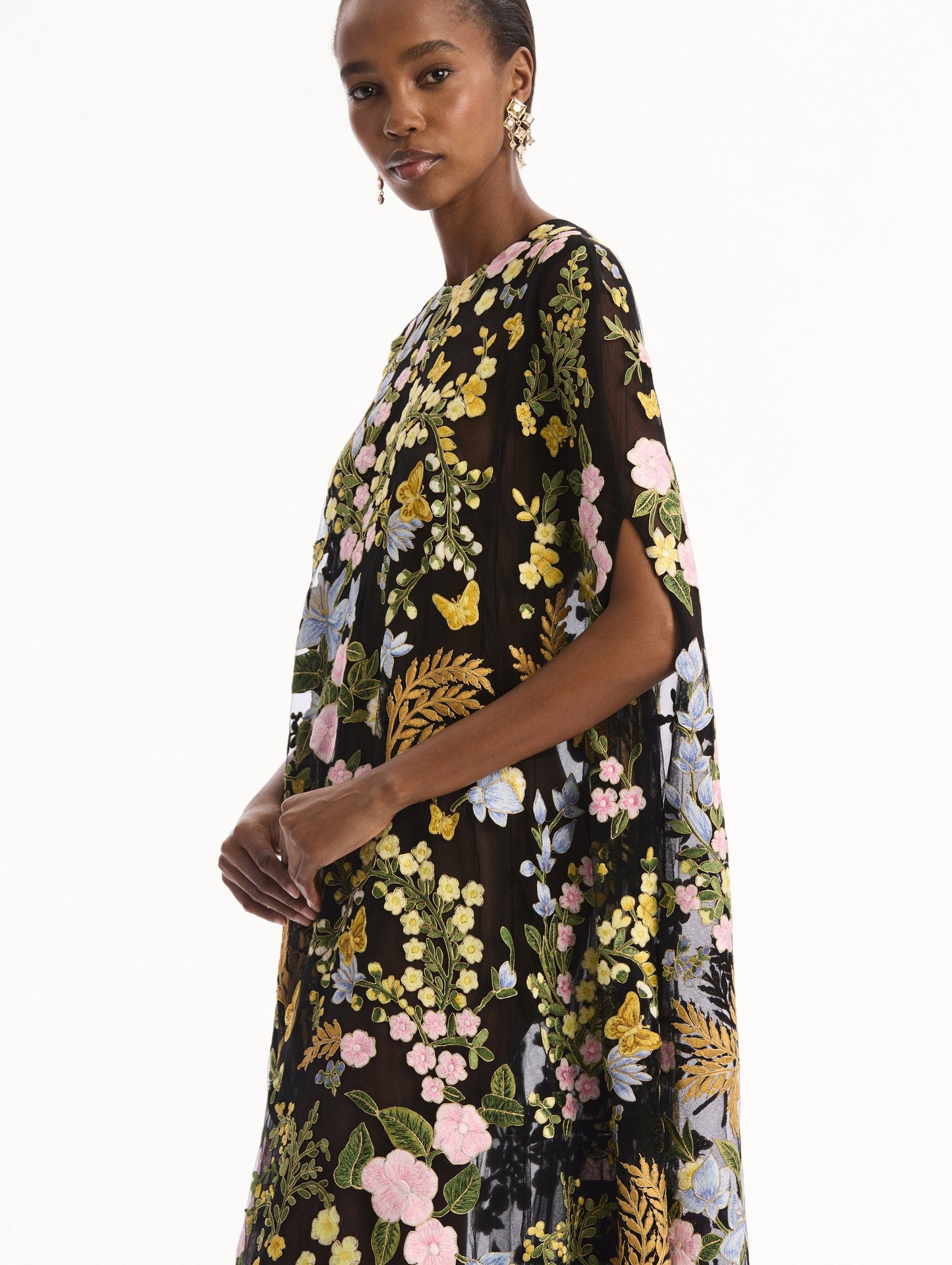 Dominican Mixed-Floral Guipure Caftan Brown multi / Oscar de la Renta
