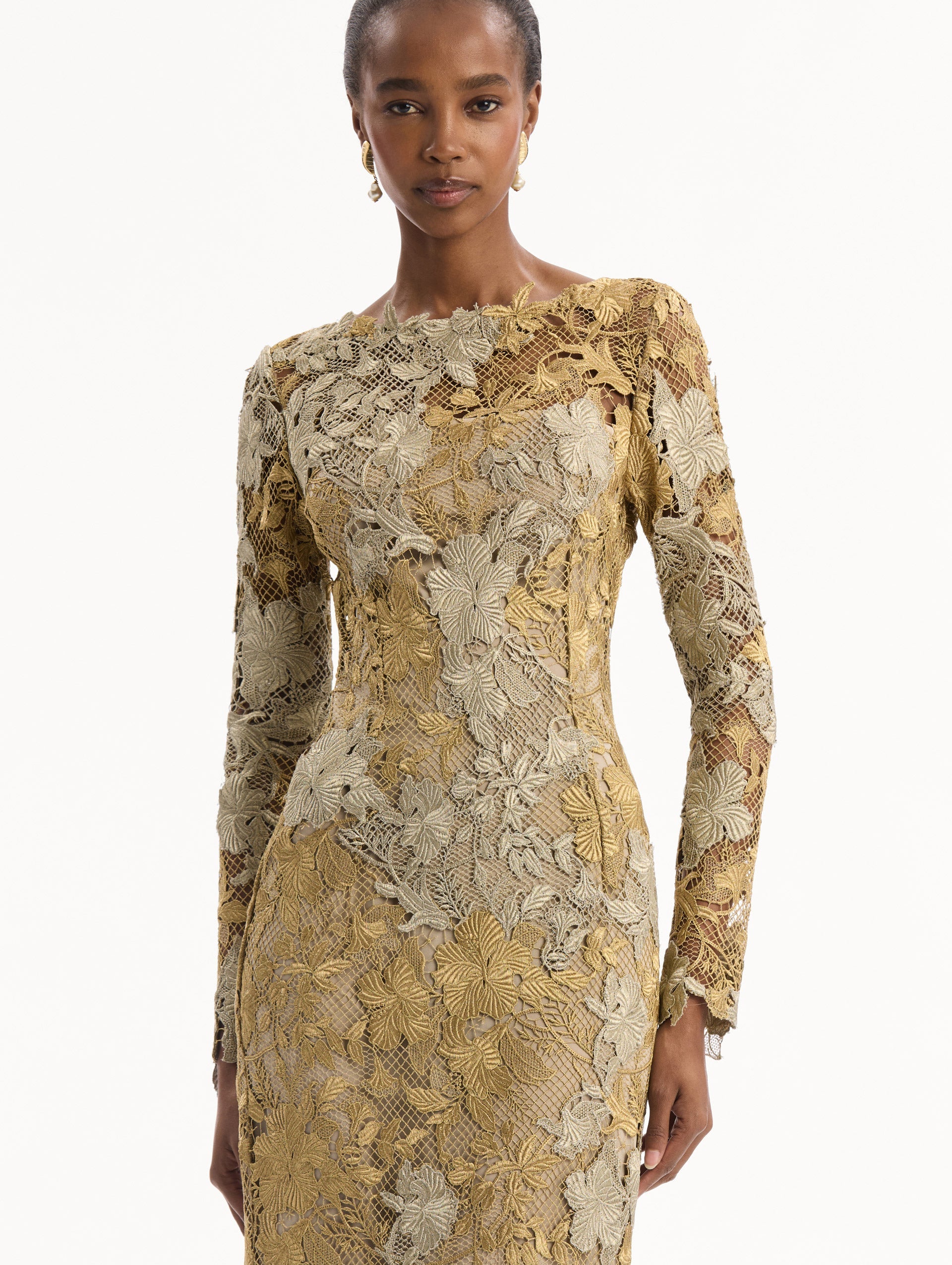 Hibiscus Metallic Guipure Gown Gold/white gold / Oscar de la Renta