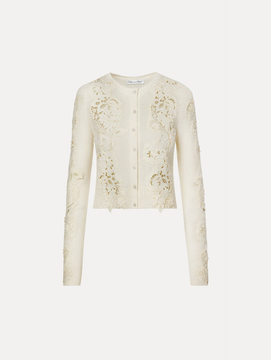 Porcelain Flower Guipure Insert Cardigan Ivory multi / Oscar de la Renta