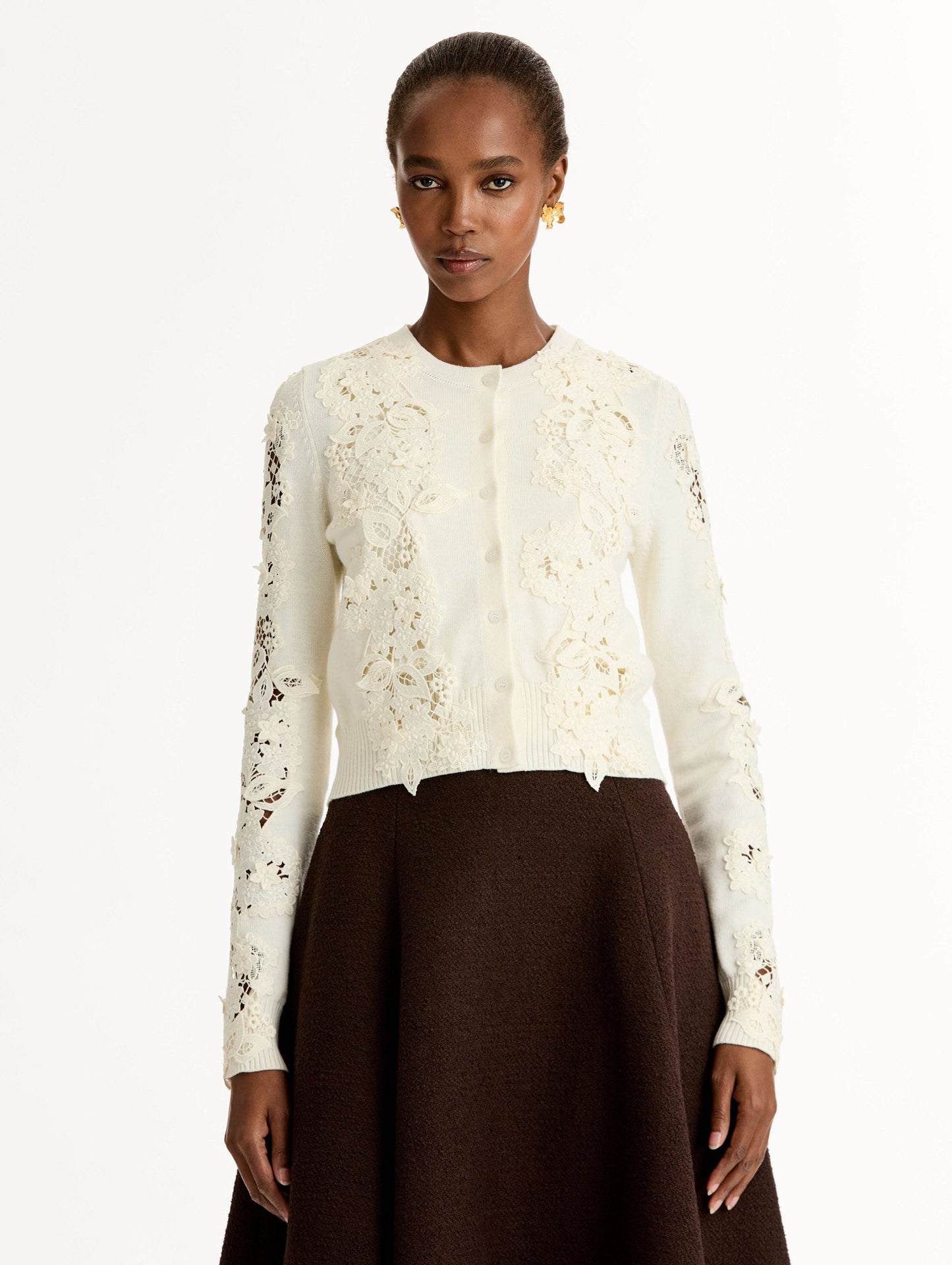 Porcelain Flower Guipure Insert Cardigan Ivory multi / Oscar de la Renta