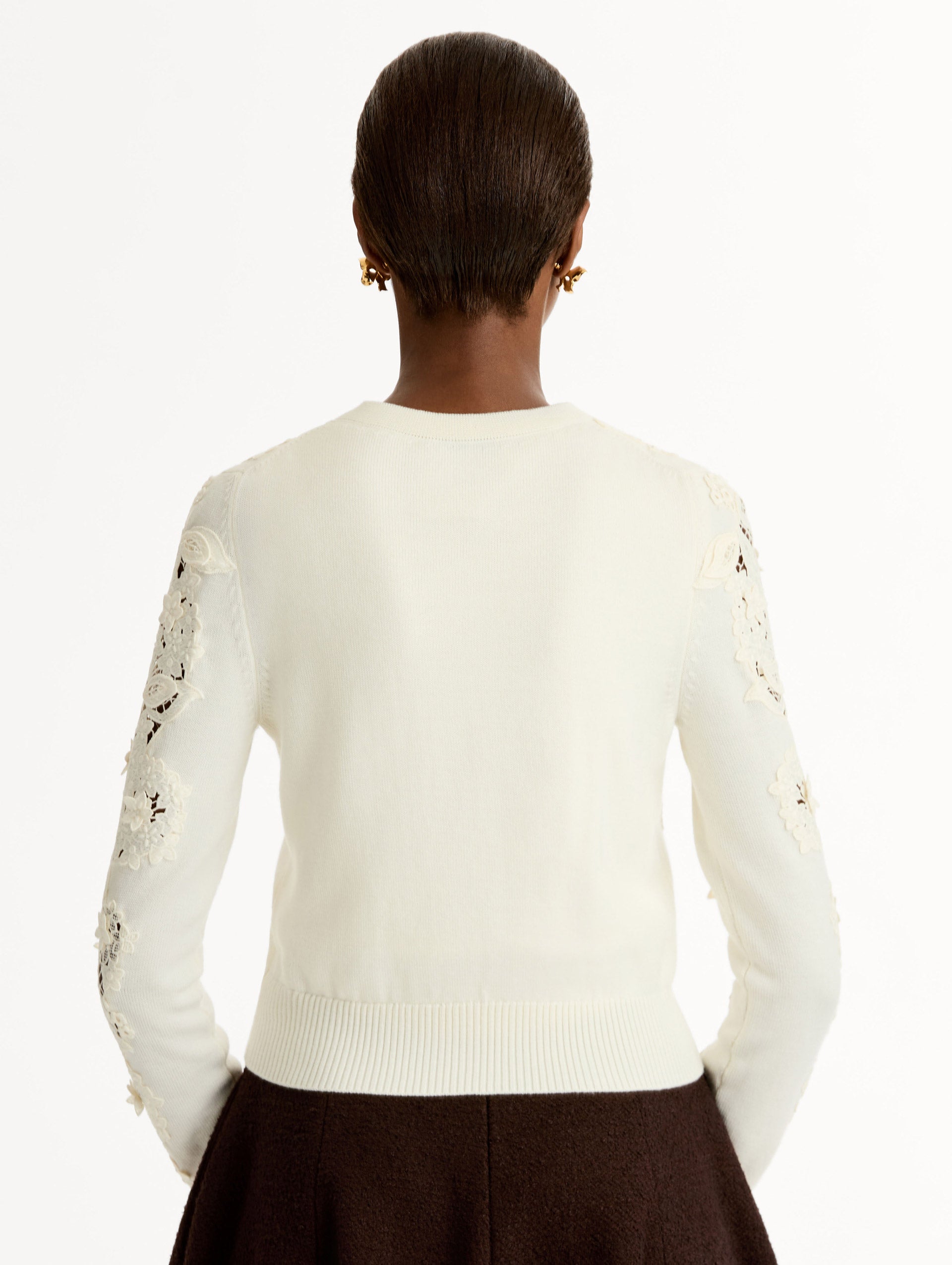 Porcelain Flower Guipure Insert Cardigan Ivory multi / Oscar de la Renta