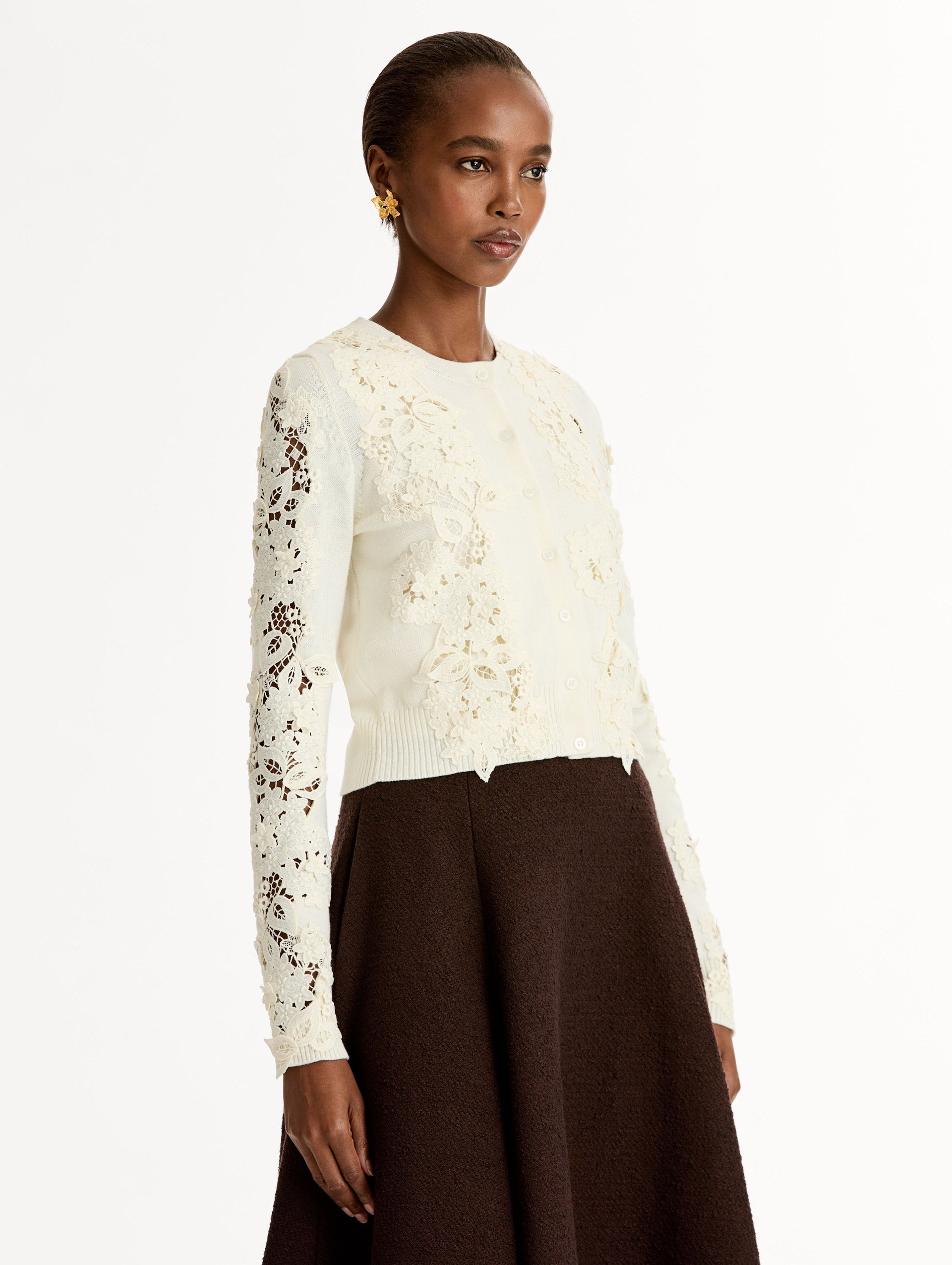 Porcelain Flower Guipure Insert Cardigan Ivory multi / Oscar de la Renta
