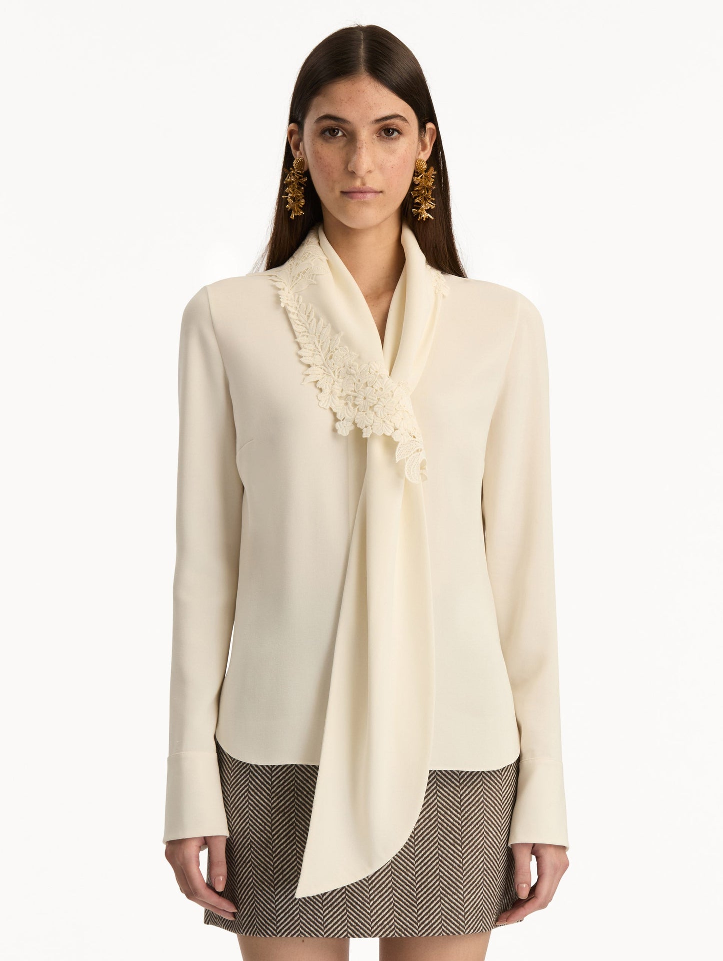 Foxglove Tie-Neck Georgette Blouse Ivory / Oscar de la Renta