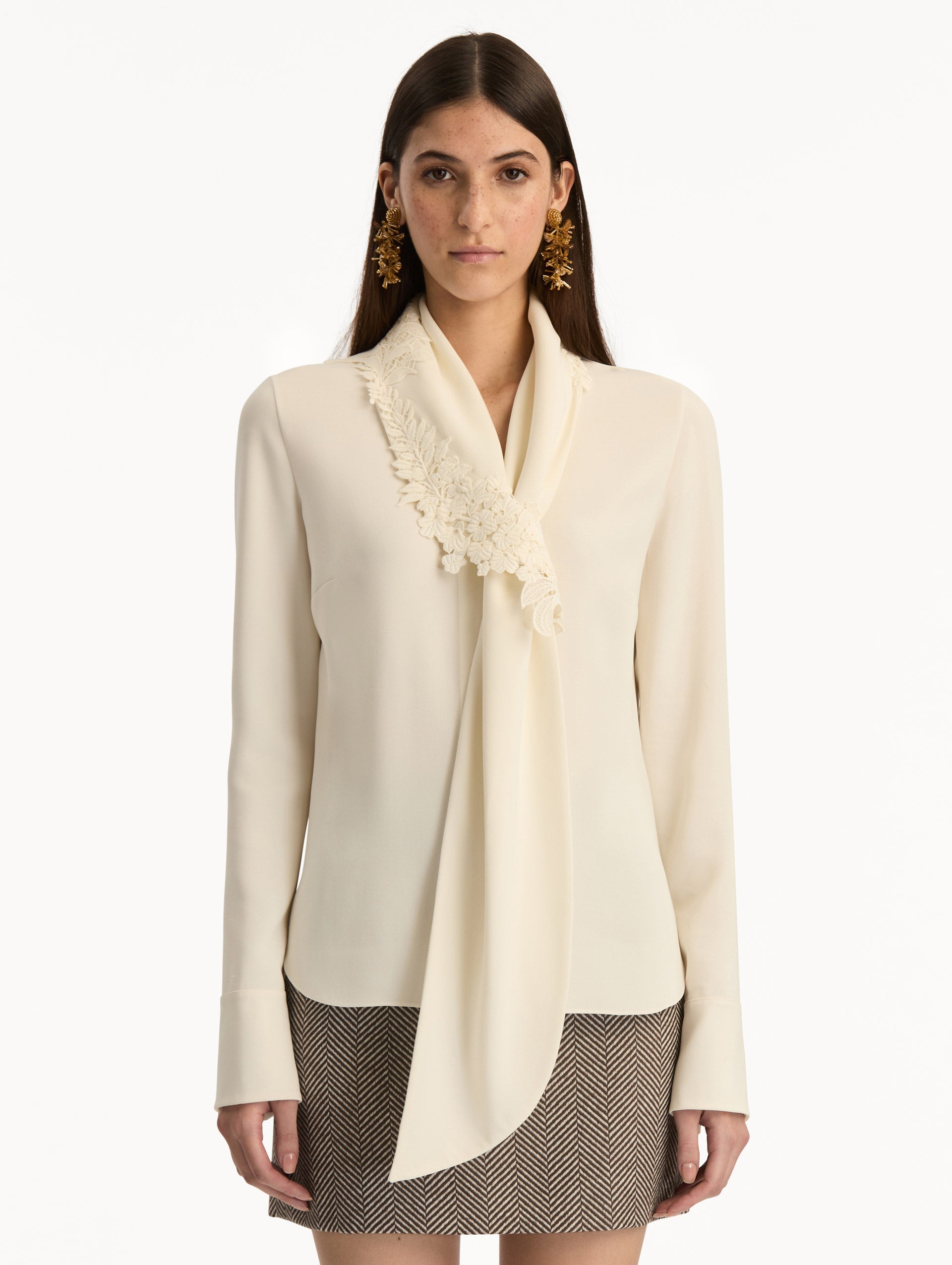 Foxglove Tie-Neck Georgette Blouse Ivory / Oscar de la Renta