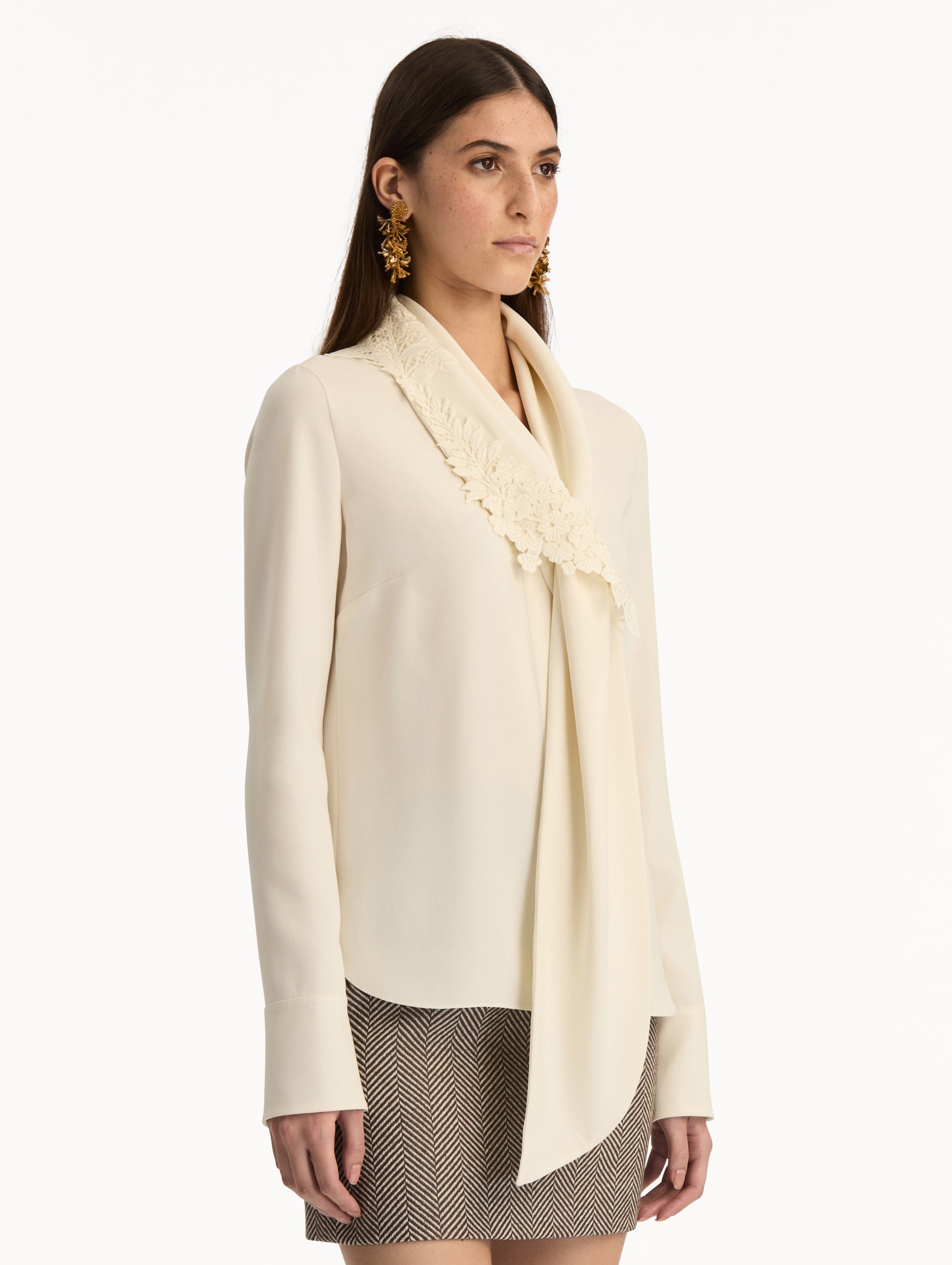 Foxglove Tie-Neck Georgette Blouse Ivory / Oscar de la Renta