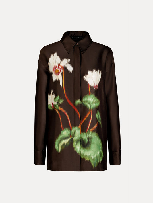 Chiné Cyclamen Silk Mikado Blouse White/mahogany / Oscar de la Renta