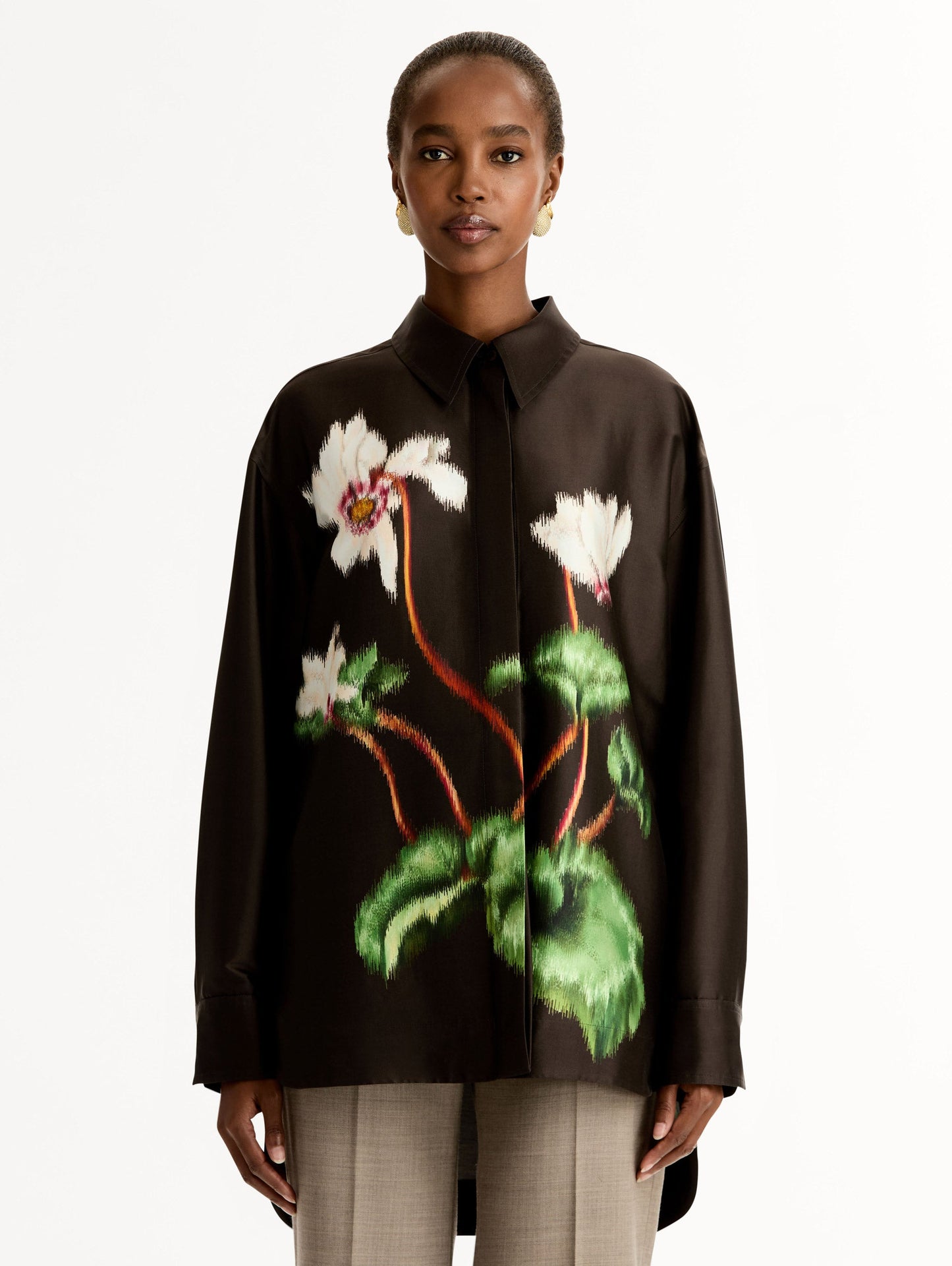 Chiné Cyclamen Silk Mikado Blouse White/mahogany / Oscar de la Renta