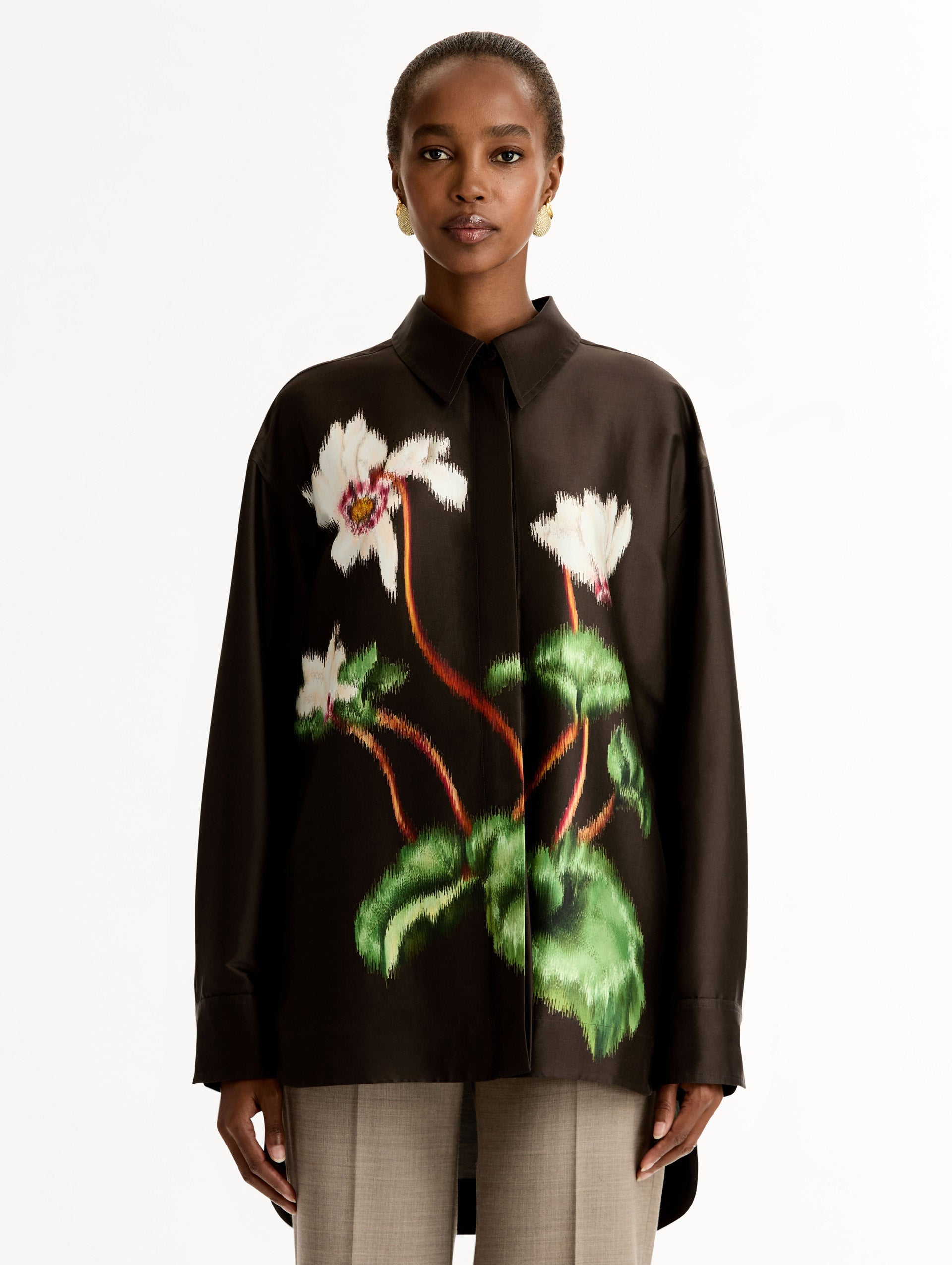 Chiné Cyclamen Silk Mikado Blouse White/mahogany / Oscar de la Renta