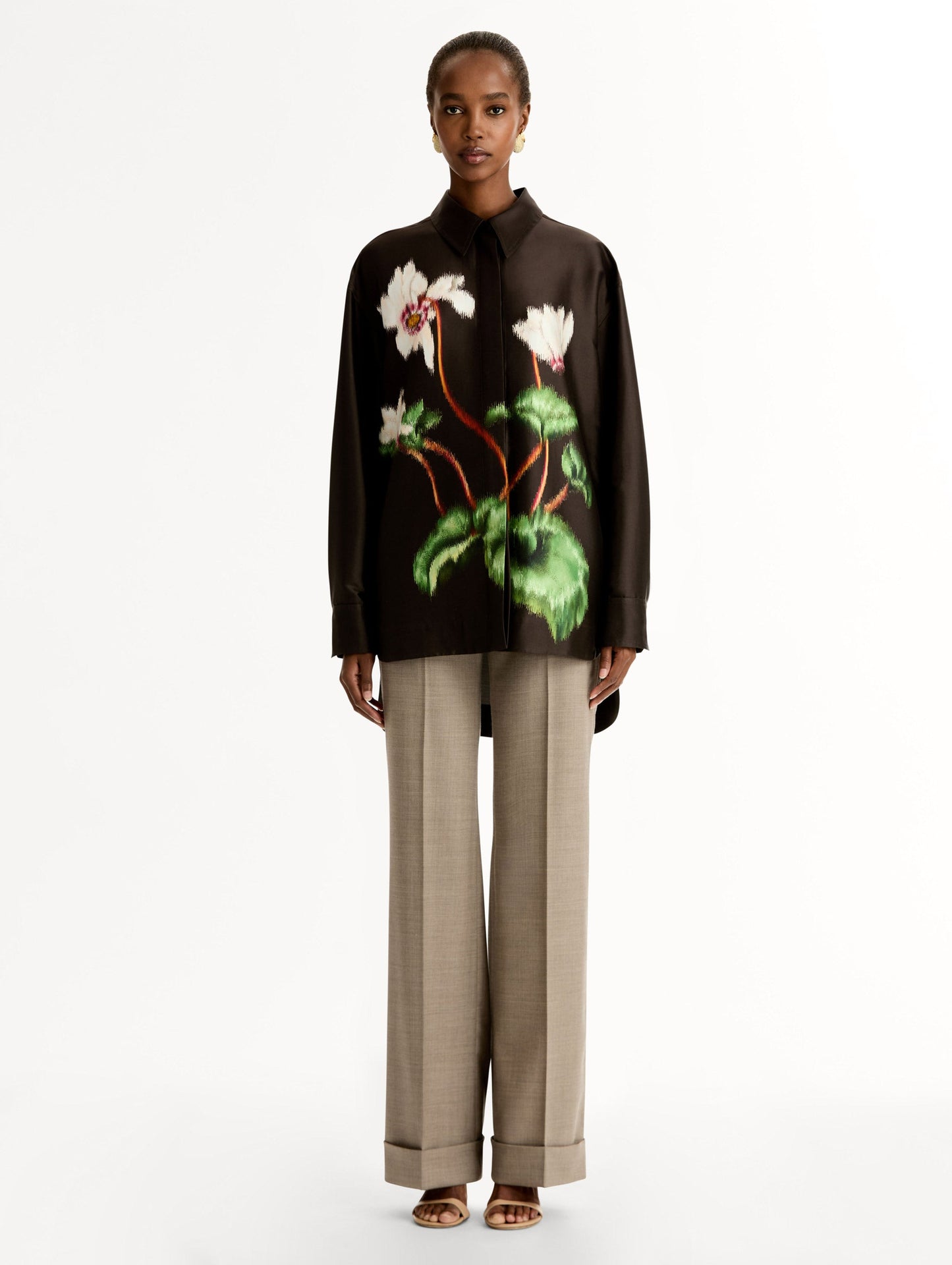 Chiné Cyclamen Silk Mikado Blouse White/mahogany / Oscar de la Renta