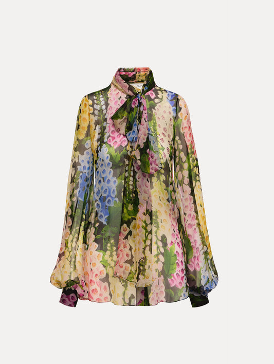 Foxglove Tie-Neck Chiffon Blouse Black multi / Oscar de la Renta