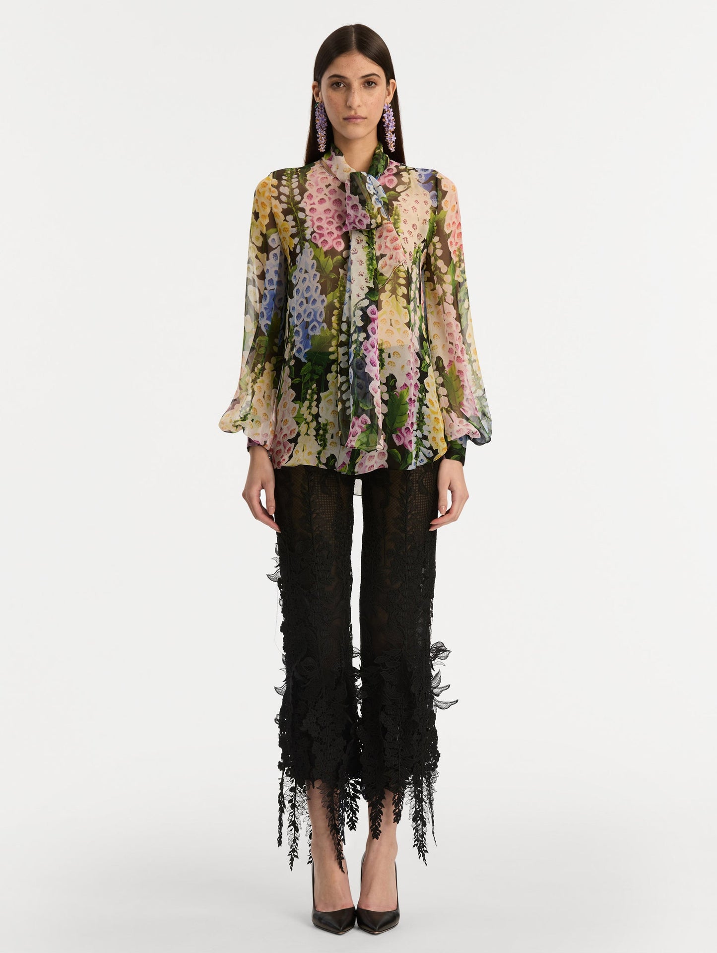 Foxglove Tie-Neck Chiffon Blouse Black multi / Oscar de la Renta