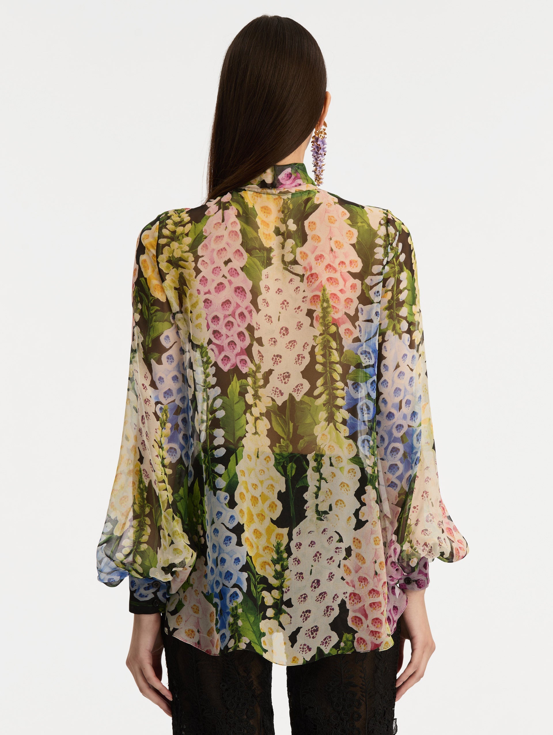 Foxglove Tie-Neck Chiffon Blouse Black multi / Oscar de la Renta