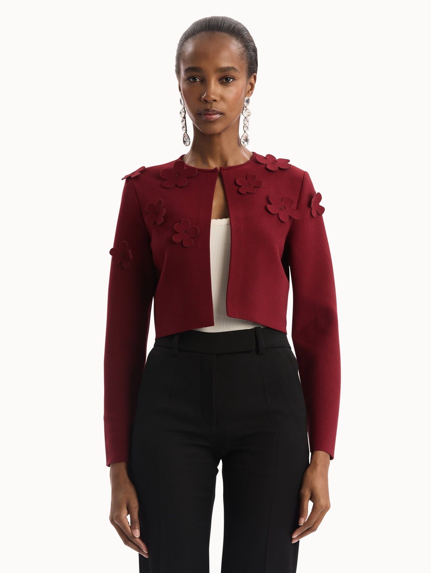 Laser-Cut Floral Knit Cardigan Wine / Oscar de la Renta
