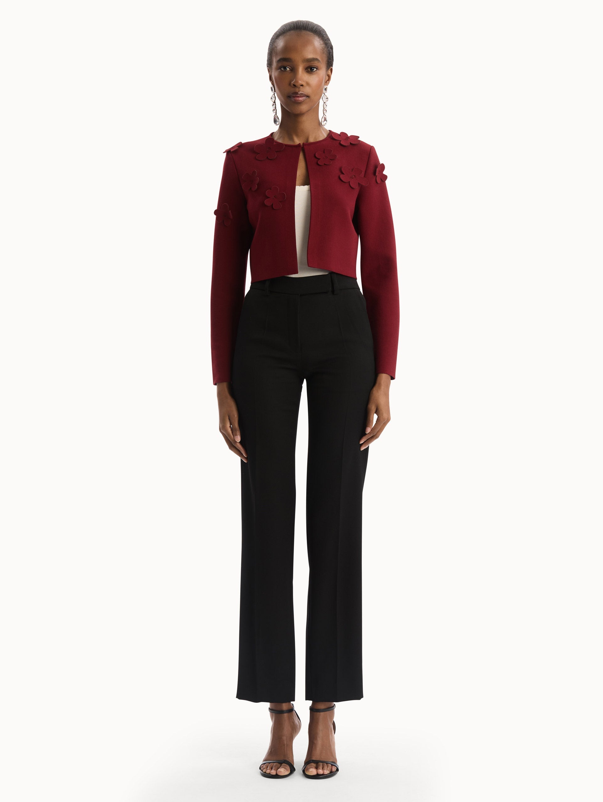 Laser-Cut Floral Knit Cardigan Wine / Oscar de la Renta