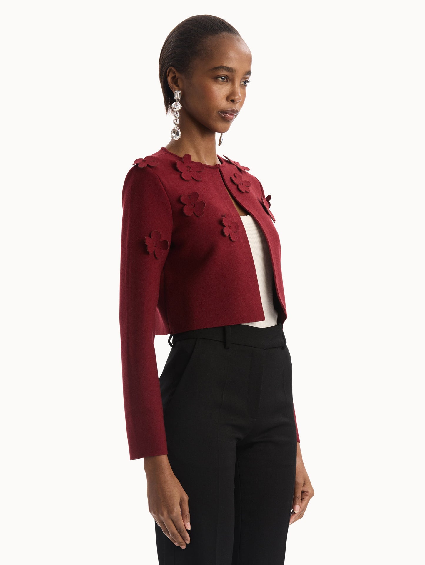 Laser-Cut Floral Knit Cardigan Wine / Oscar de la Renta