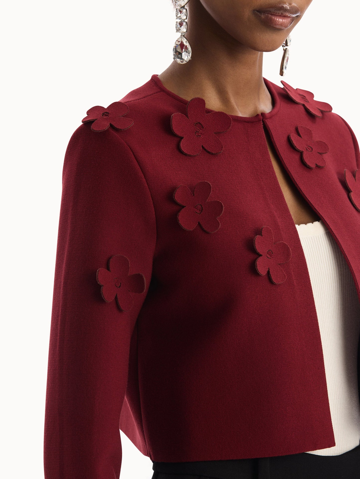 Laser-Cut Floral Knit Cardigan Wine / Oscar de la Renta