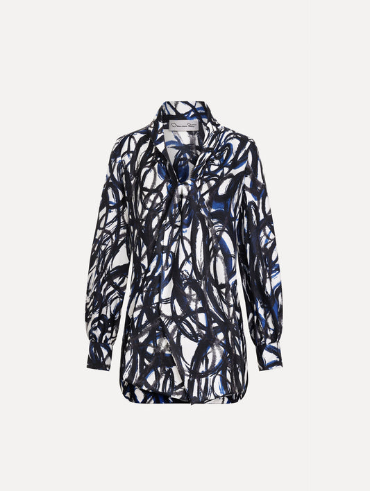 Abstract Sketch Silk Twill Blouse Navy/white / Oscar de la Renta