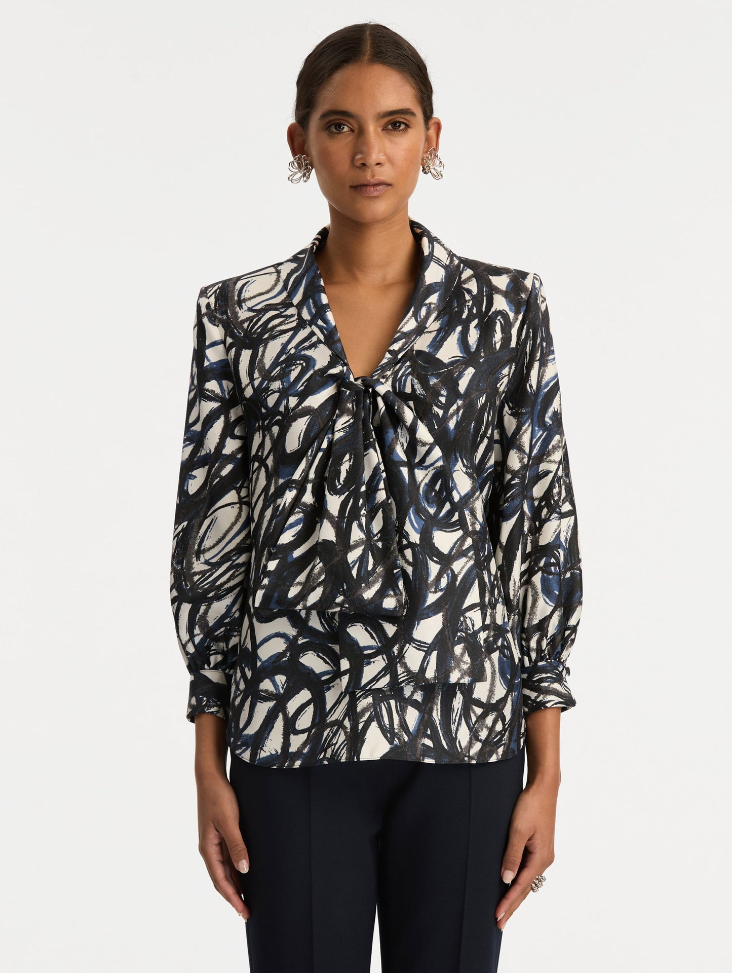Abstract Sketch Silk Twill Blouse Navy/white / Oscar de la Renta