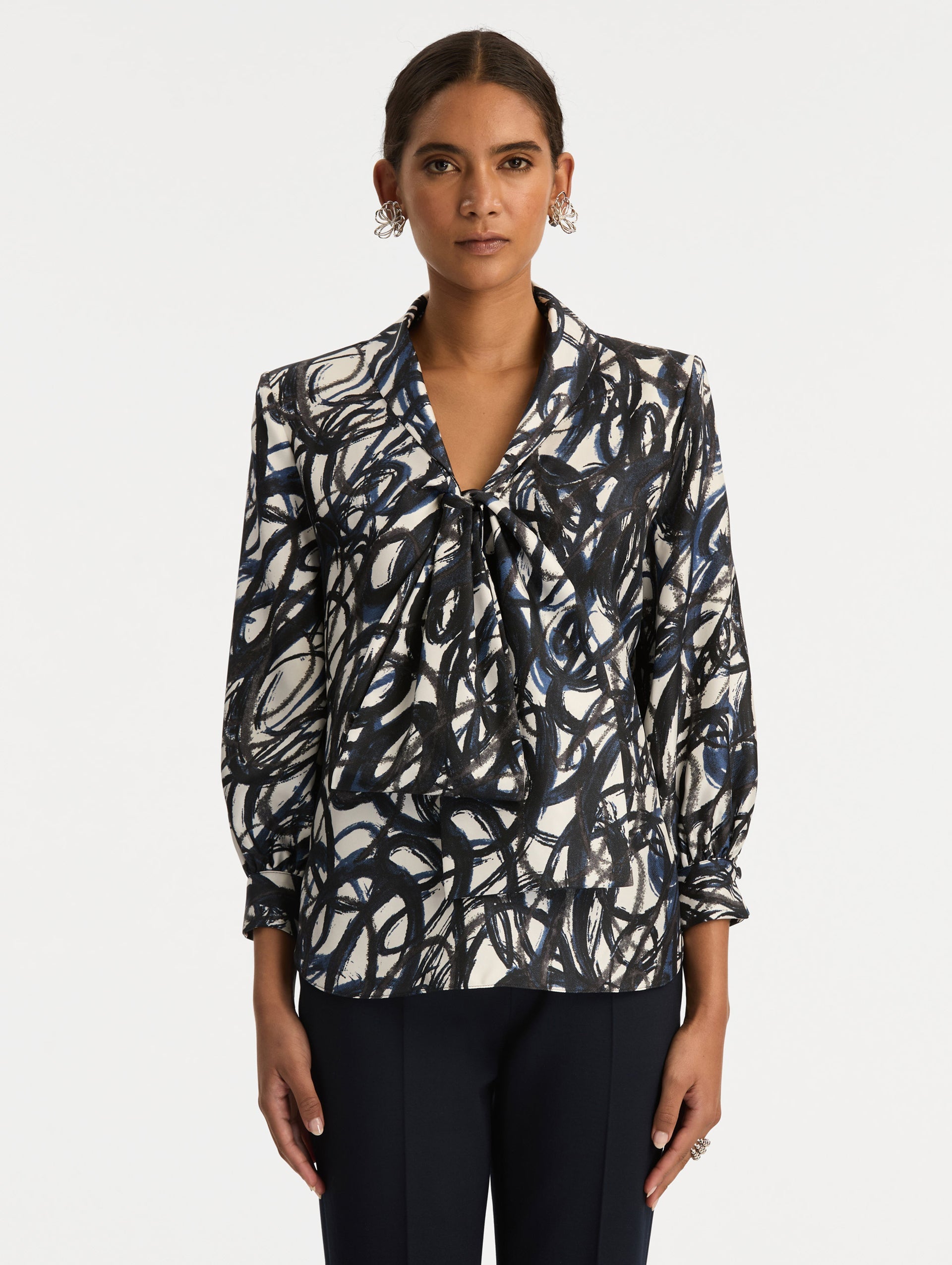 Abstract Sketch Silk Twill Blouse Navy/white / Oscar de la Renta